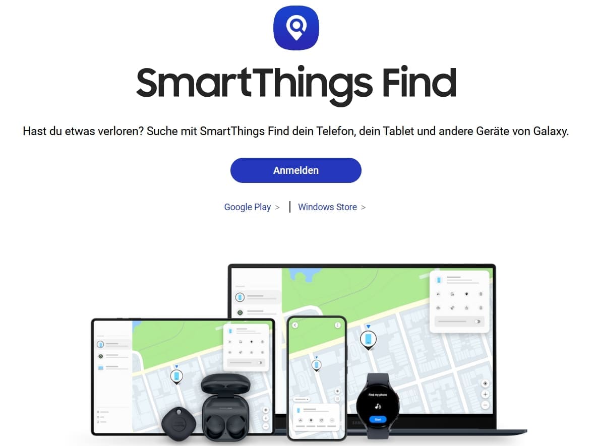 Anmeldung bei SmartThings Find und Abbildung der gefundenen Geräte.