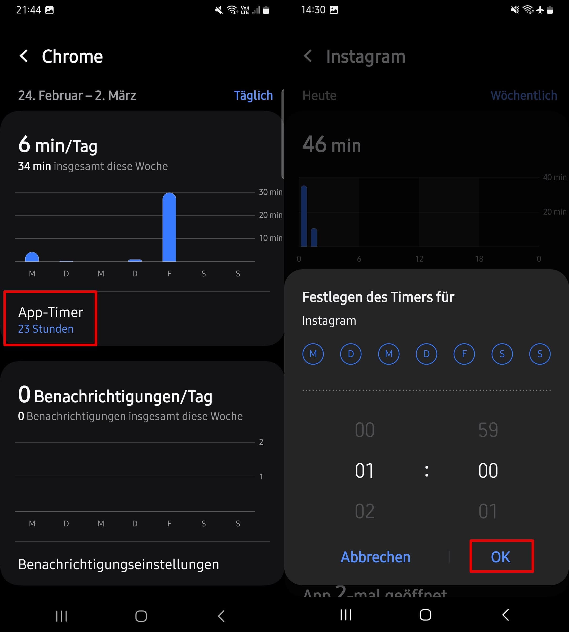 Tippen sie auf den app-timer, geben sie die Zeit ein und klicken sie dann auf fertig.