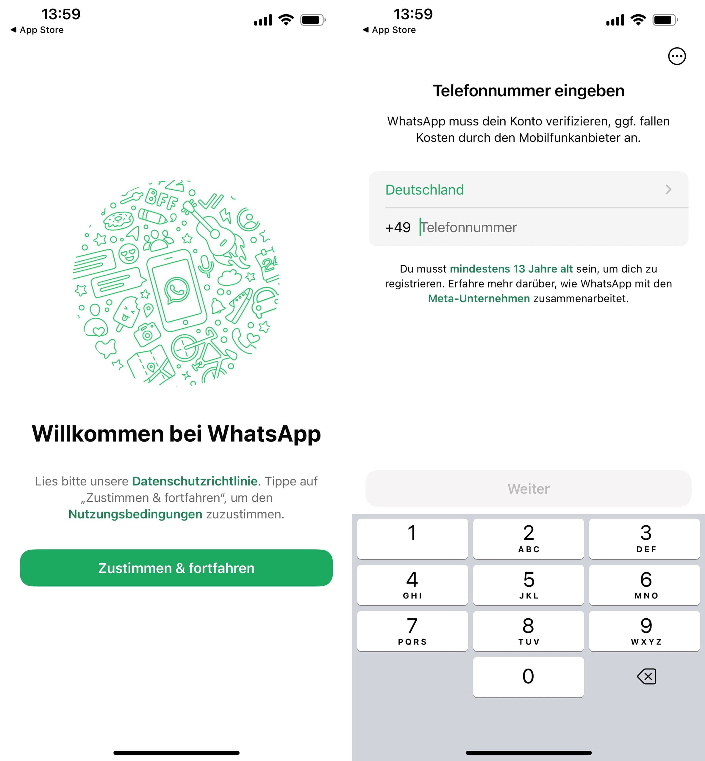 WhatsApp-Bedingungen zustimmen, Telefonnummer eingeben.