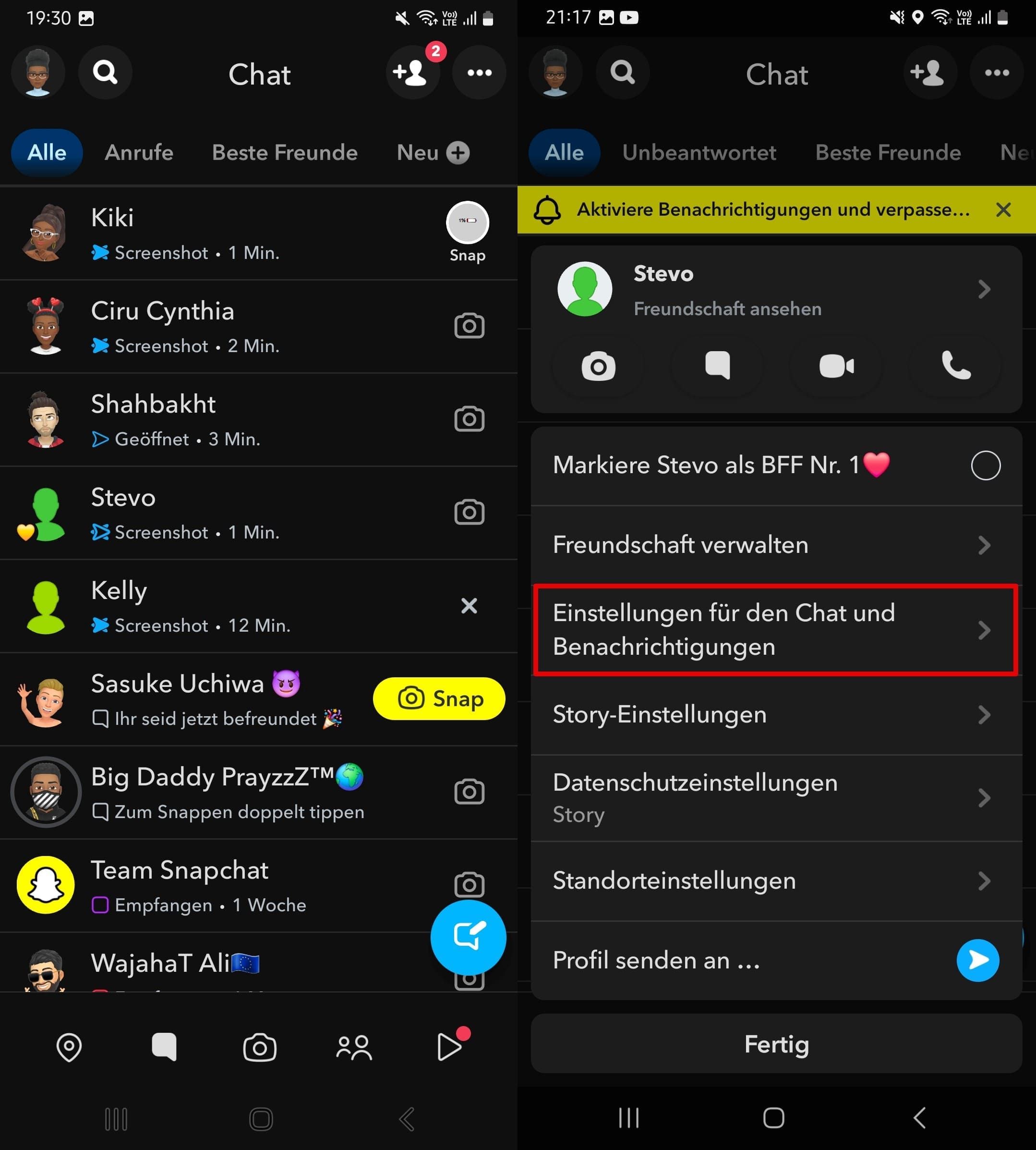 Snapchat-Chats öffnen - einen Chat halten - Chat- und Benachrichtigungseinstellungen auswählen