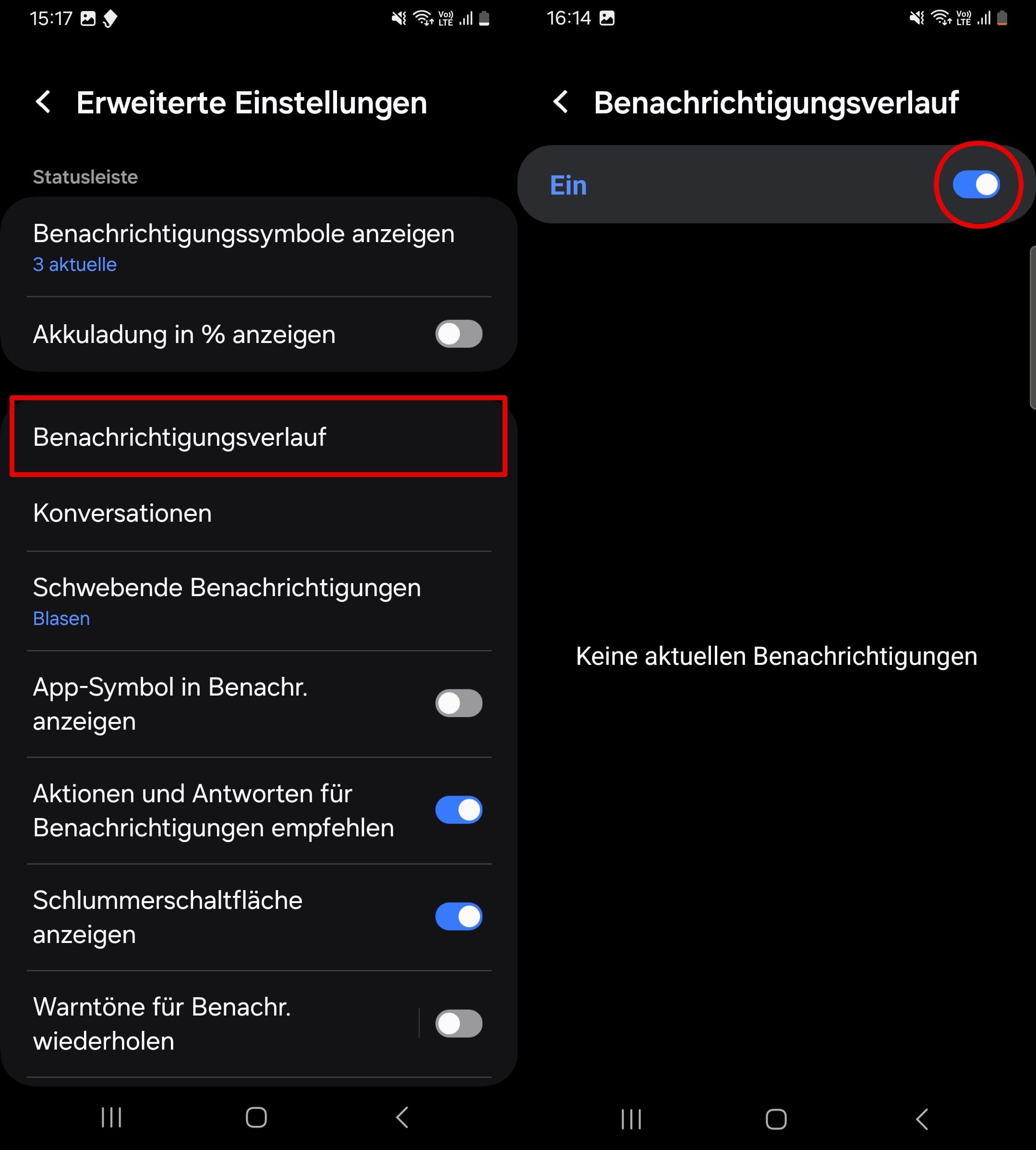 Öffnen Sie Einstellungen – Benachrichtigungen – Erweiterte Einstellungen – Benachrichtigungsverlauf und schieben Sie den Schieberegler nach rechts, um ihn zu aktivieren.