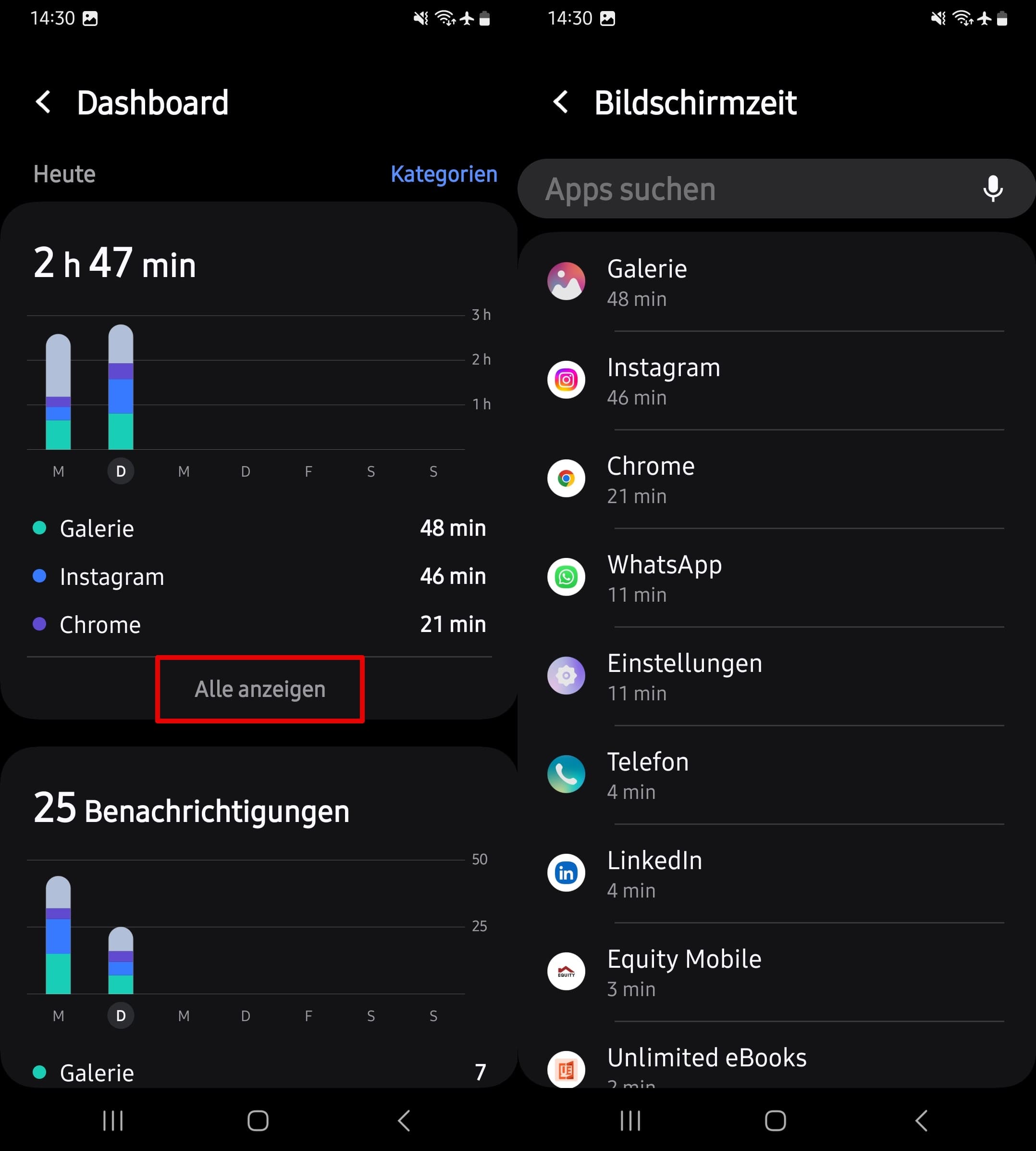 sehen sie die gesamte Bildschirmzeit für Apps und zeigen Sie alle für bestimmte Apps an.
