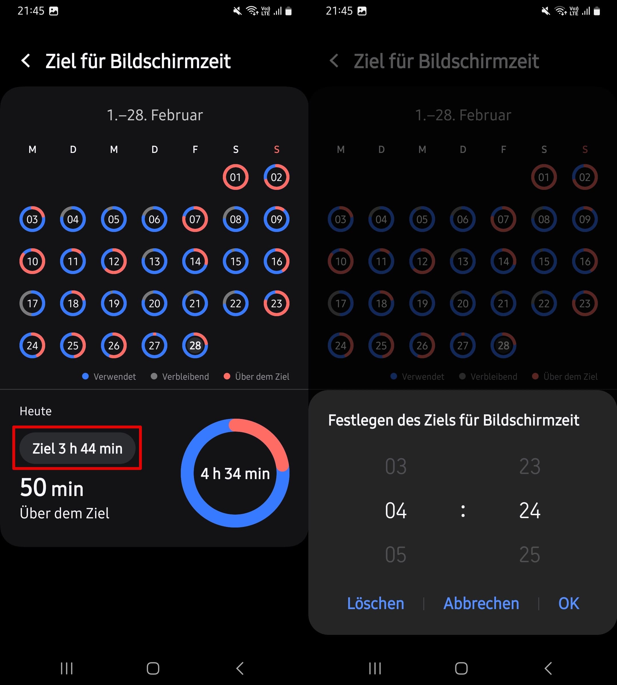 Klicken Sie auf Ziel mit Zeit, um die Zeit zu bearbeiten oder zu löschen.