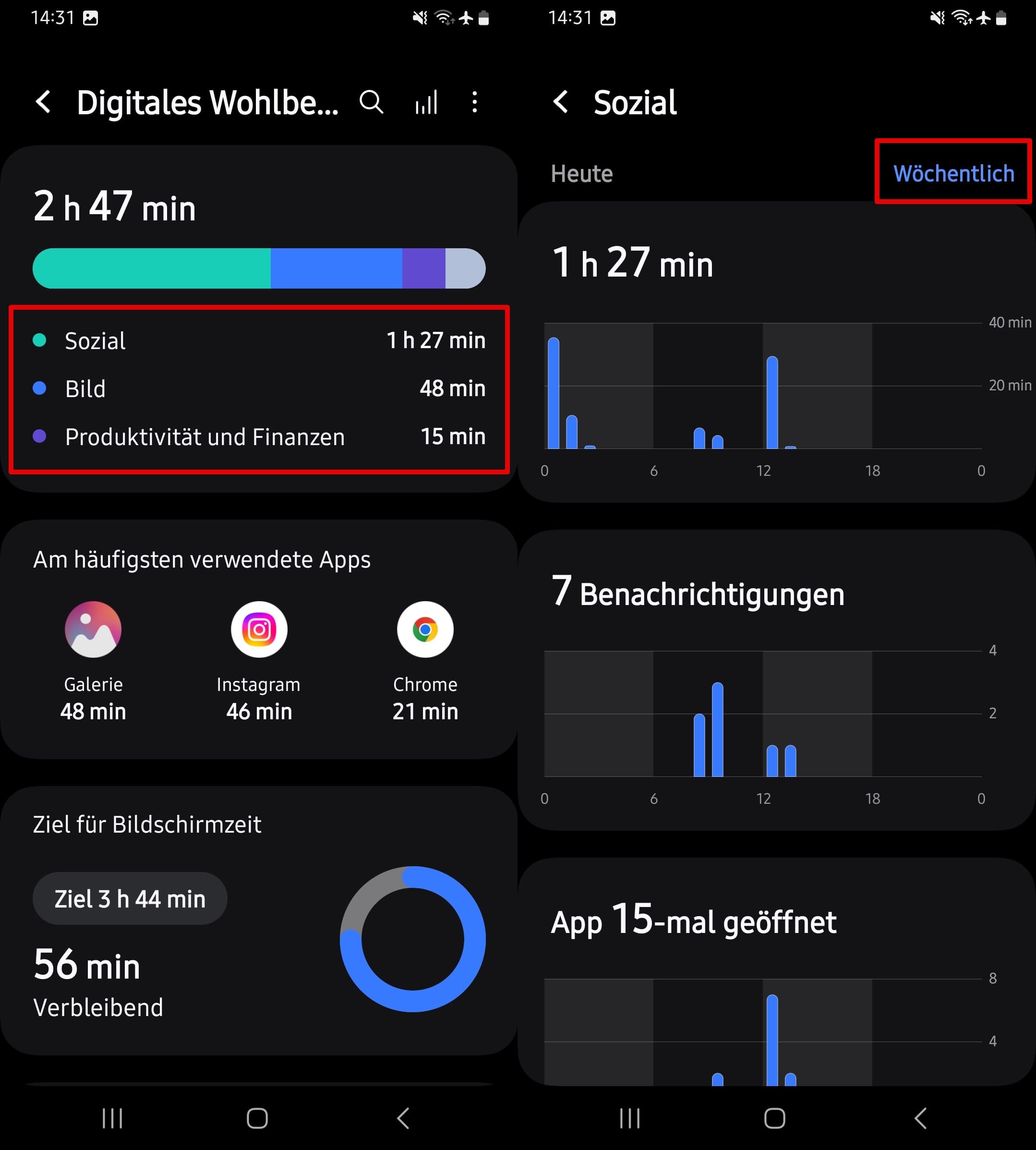 tippen sie auf Sozial, um dessen Dashboard zu öffnen und die gesamte Bildschirmzeit, Benachrichtigungen und App-Öffnungen anzuzeigen.