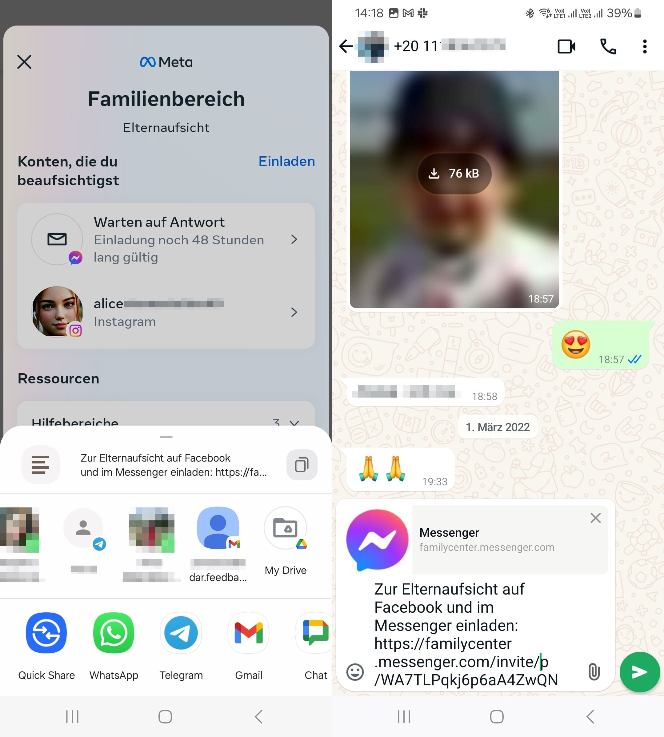 Schritte zum Senden eines Überwachungslinks an ein Kind über den Facebook Messenger eines Elternteils, mithilfe der Seite „Überwachung“, durch Erstellen einer Einladung und Senden des Links über WhatsApp.