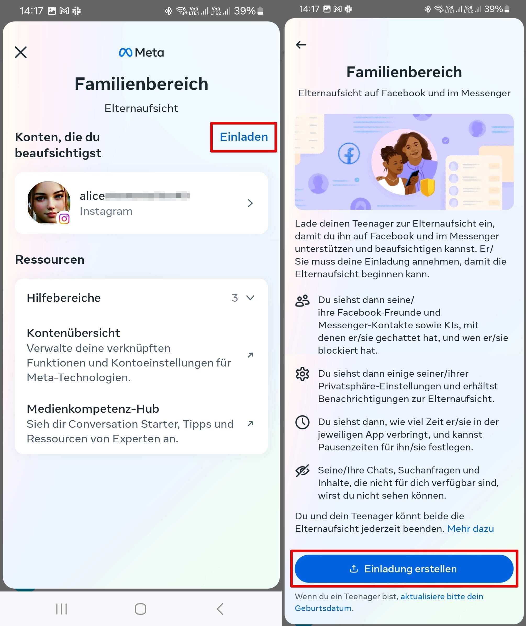 Familiencenter für die Überwachung in der Messenger-App und die Option „Einladung erstellen“ für elterliche Kontrollfunktionen auf Facebook und Messenger.