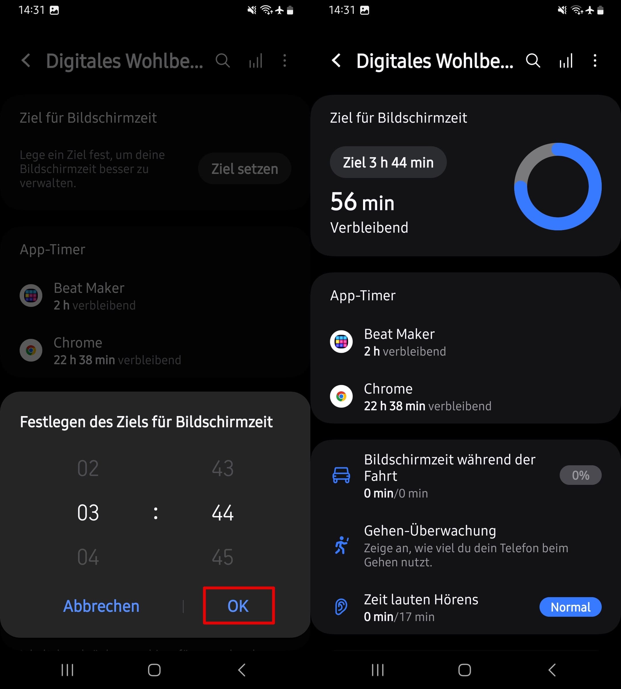 geben sie das gewünschte Zeitziel ein, um die aufgebrauchte und die verbleibende Zeit anzuzeigen.