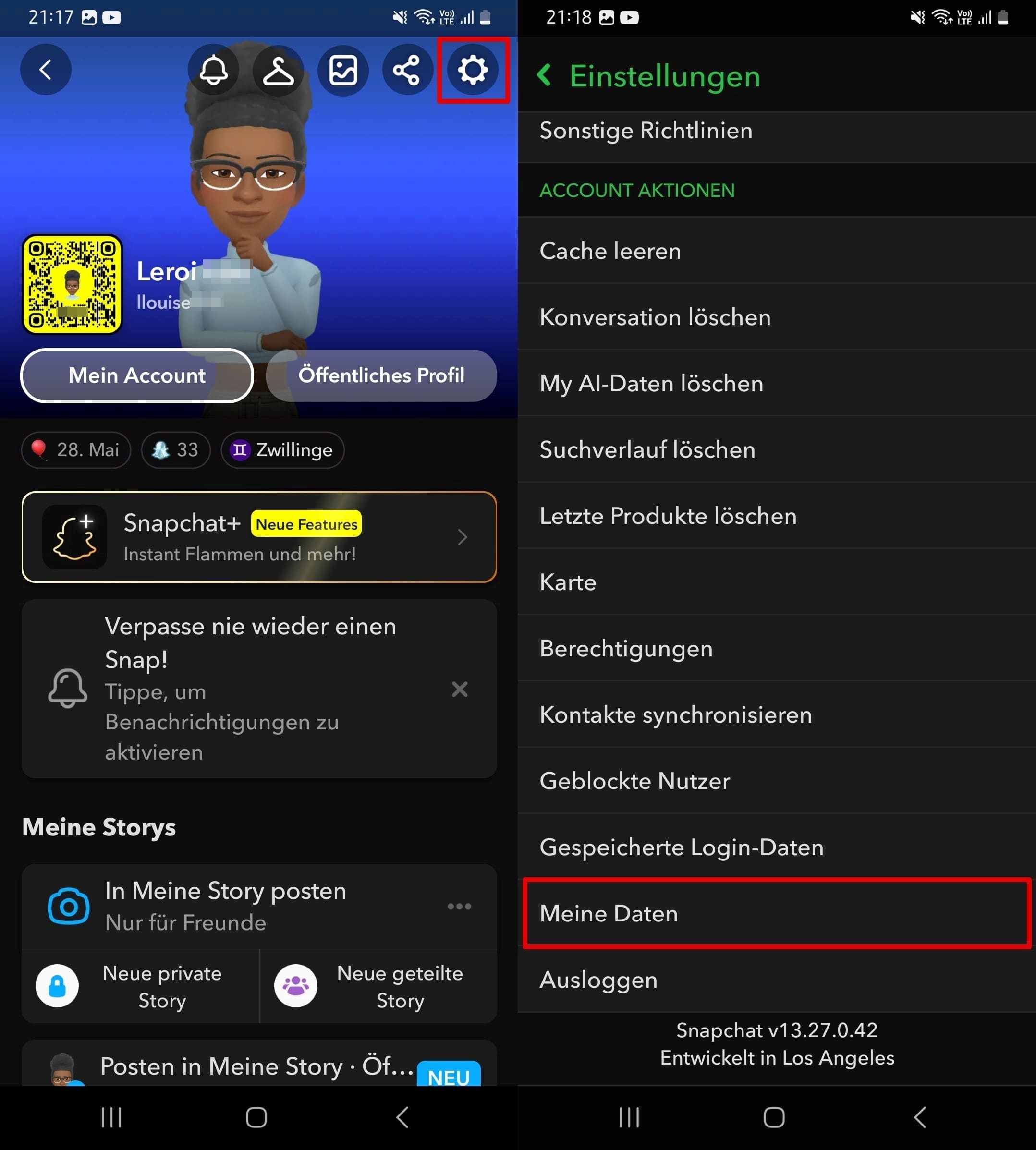 Öffnen Sie die Snapchat-Einstellungen und scrollen Sie nach unten zu Meine Daten.