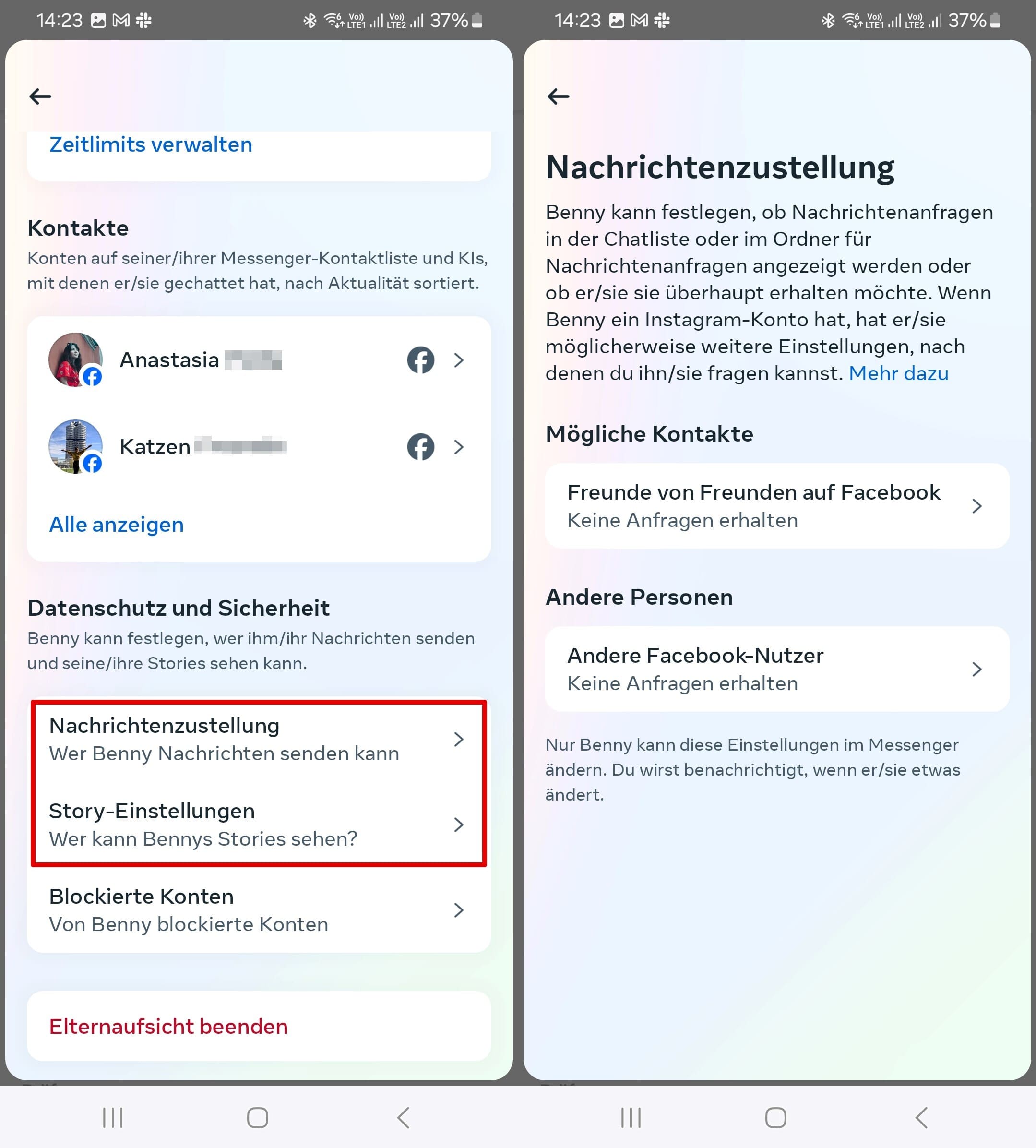 Einstellungen zur elterlichen Aufsicht auf Messenger, Anzeige der Nachrichtenübermittlungseinstellungen und Story-Kontrollen unter den Optionen für Privatsphäre & Sicherheit.