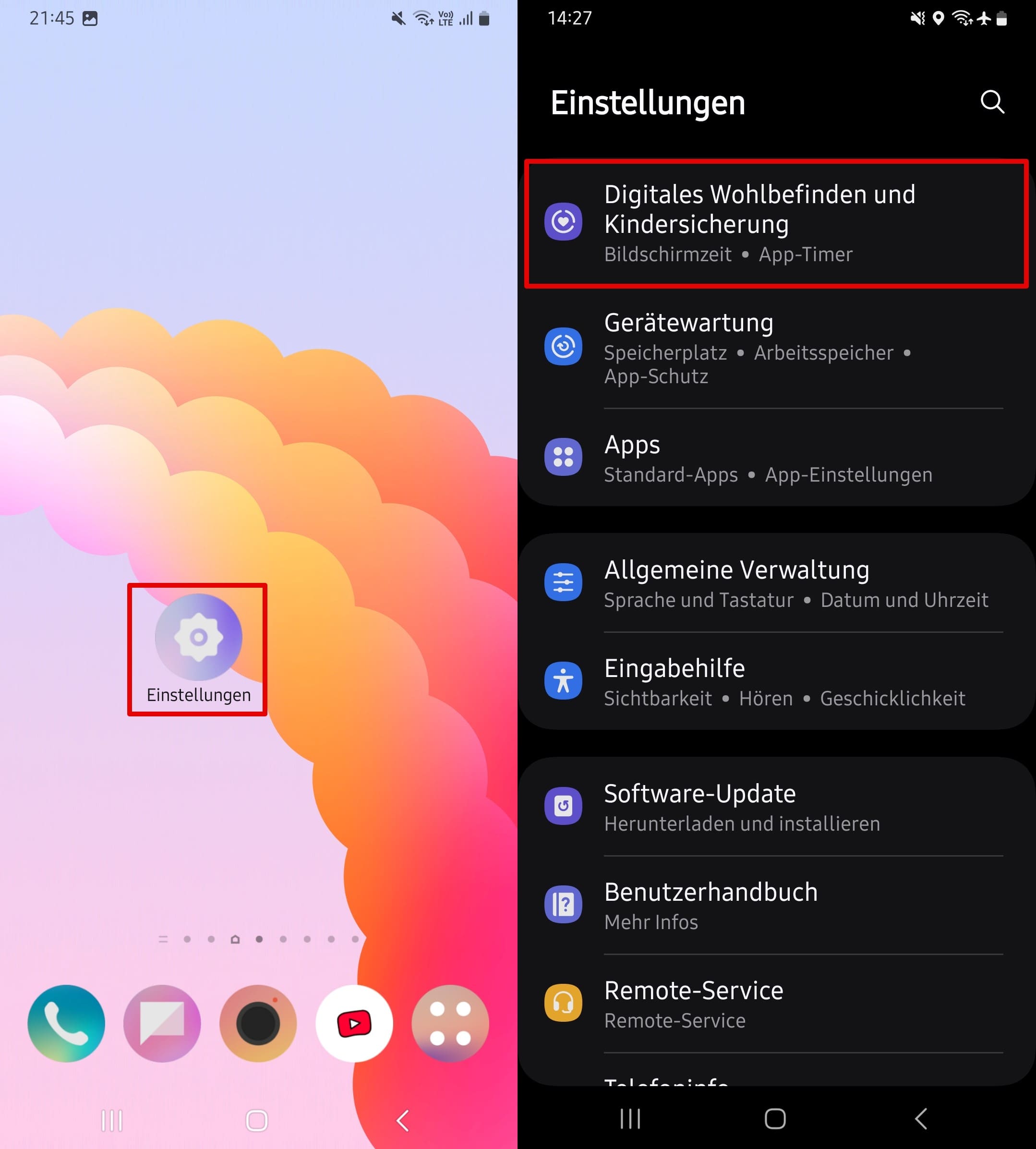 Einstellungen öffnen – Digitales Wohlbefinden und Kindersicherung.
