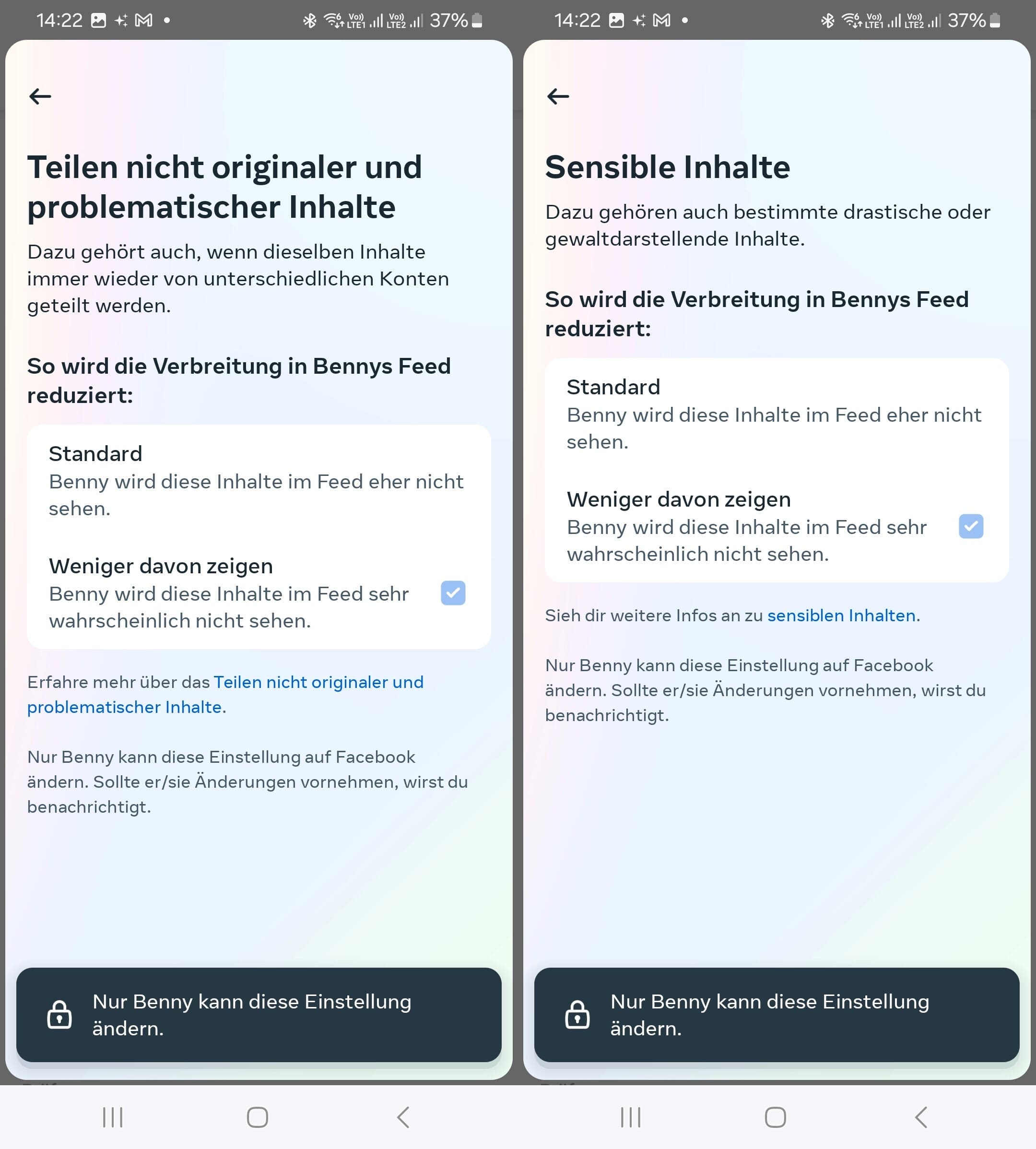 Nicht originelle Inhalte und Einstellungen für sensible Inhalte im Konto eines Kindes, sichtbar in der Aufsichtsfunktion für Eltern.