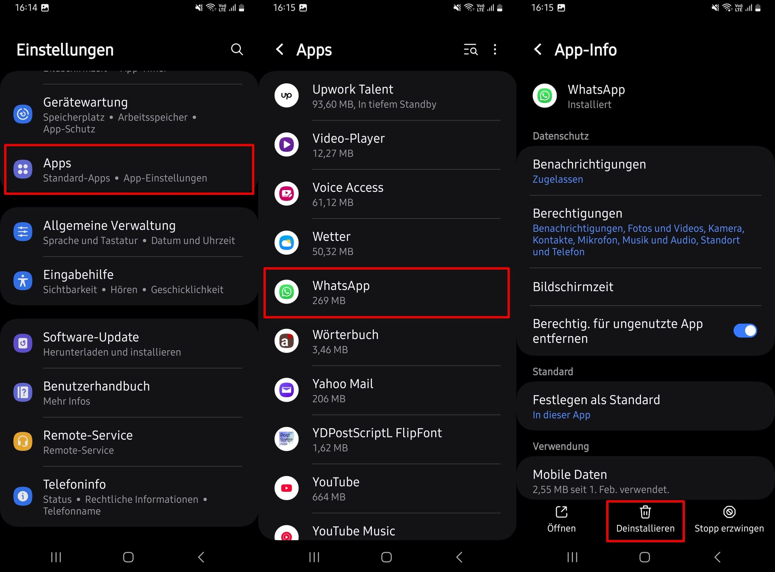 Gehen Sie zu Einstellungen – Apps – WhatsApp – Deinstallieren