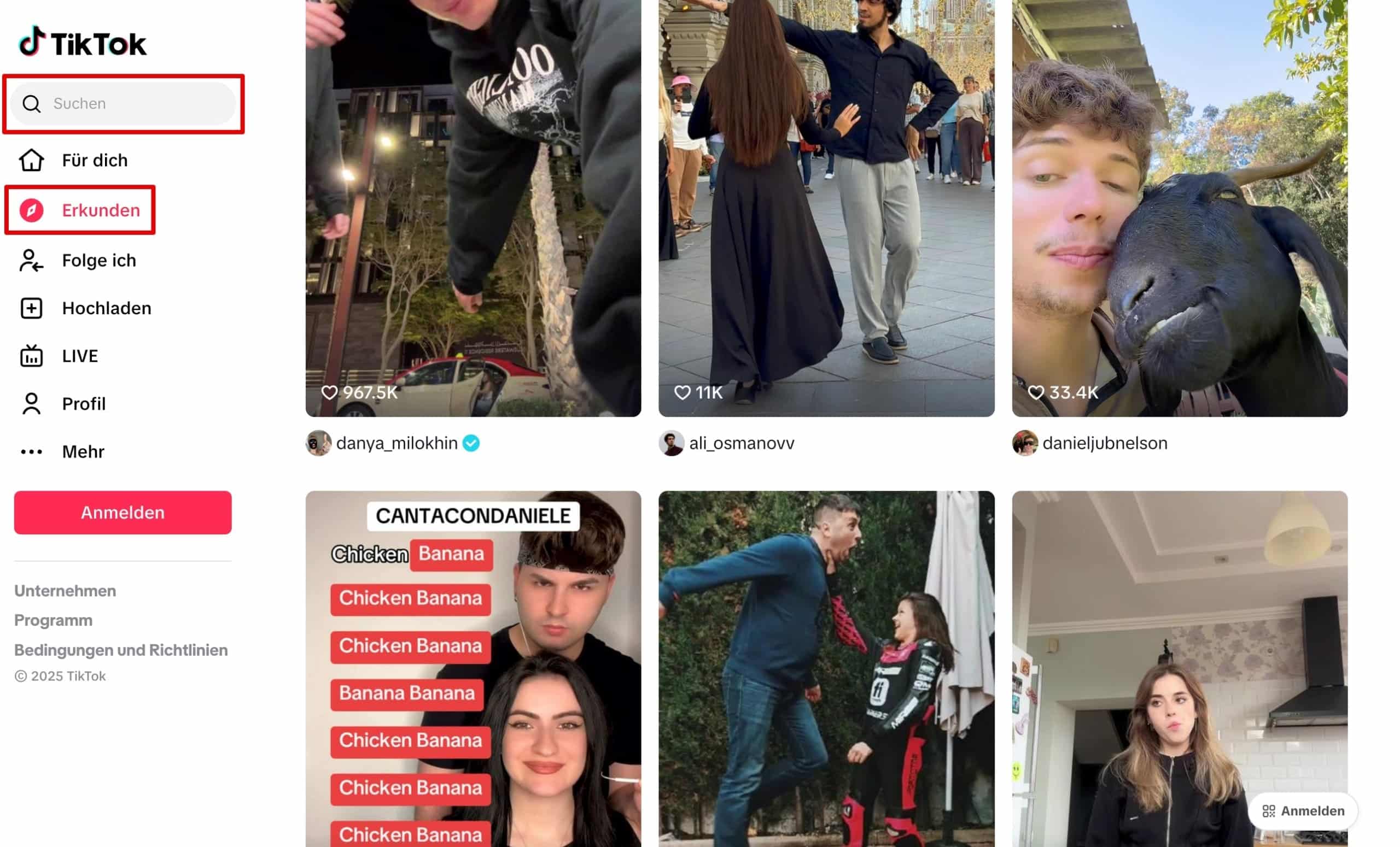 Klicken Sie auf „Entdecken“, um TikTok-Inhalte im Web nach Kategorien zu durchsuchen.