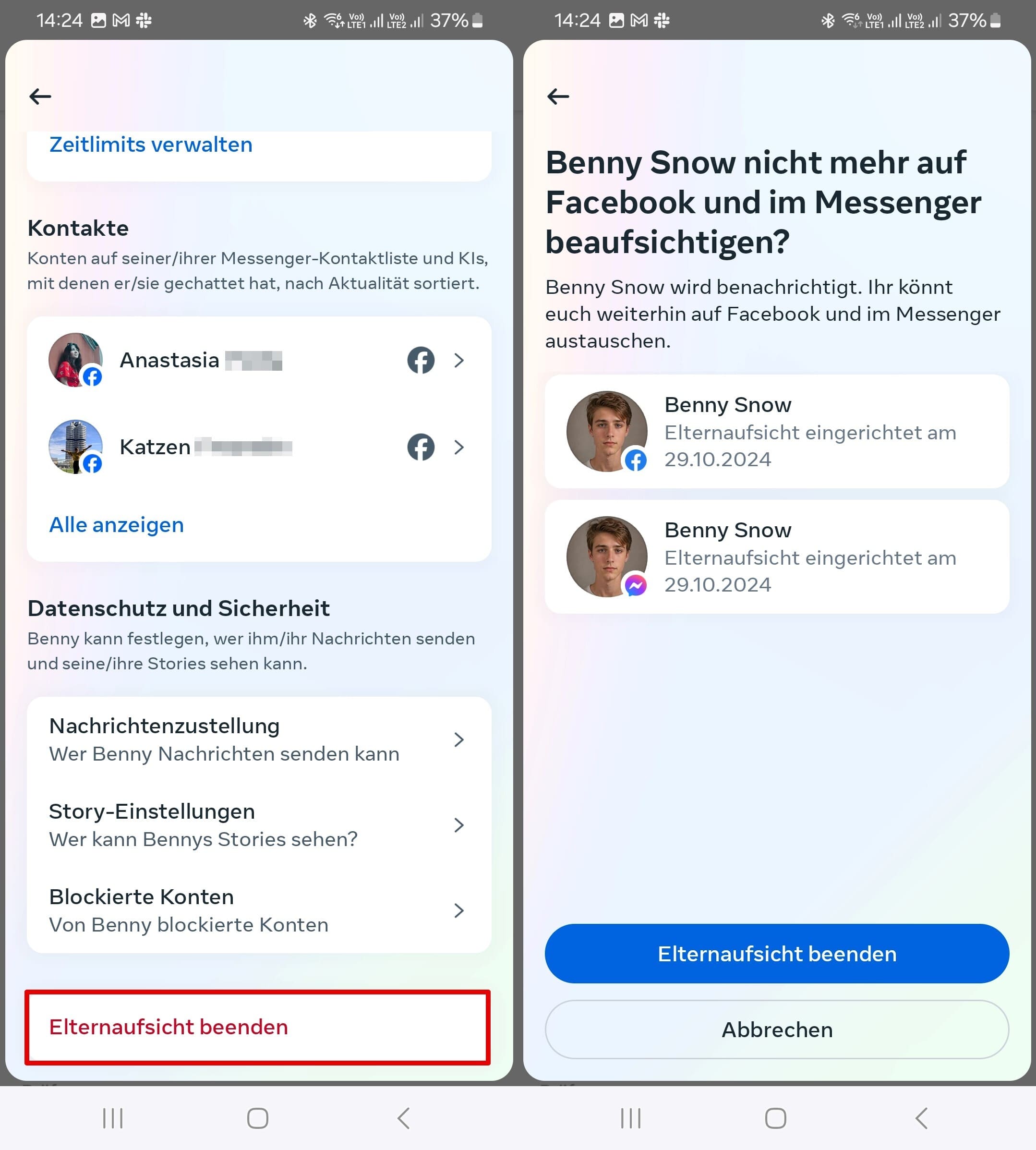 Die Option „Aufsicht entfernen“ auf Facebook und Messenger