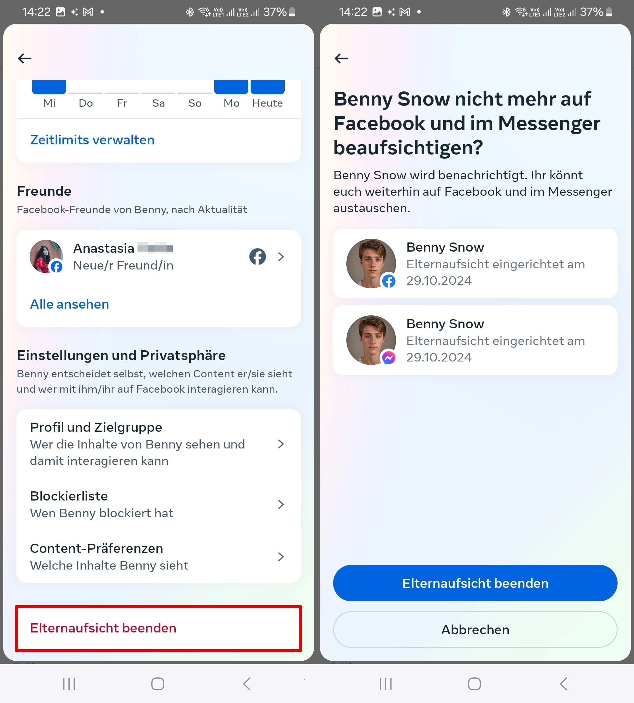 Entfernungsprozess der elterlichen Aufsicht auf Facebook und Messenger.