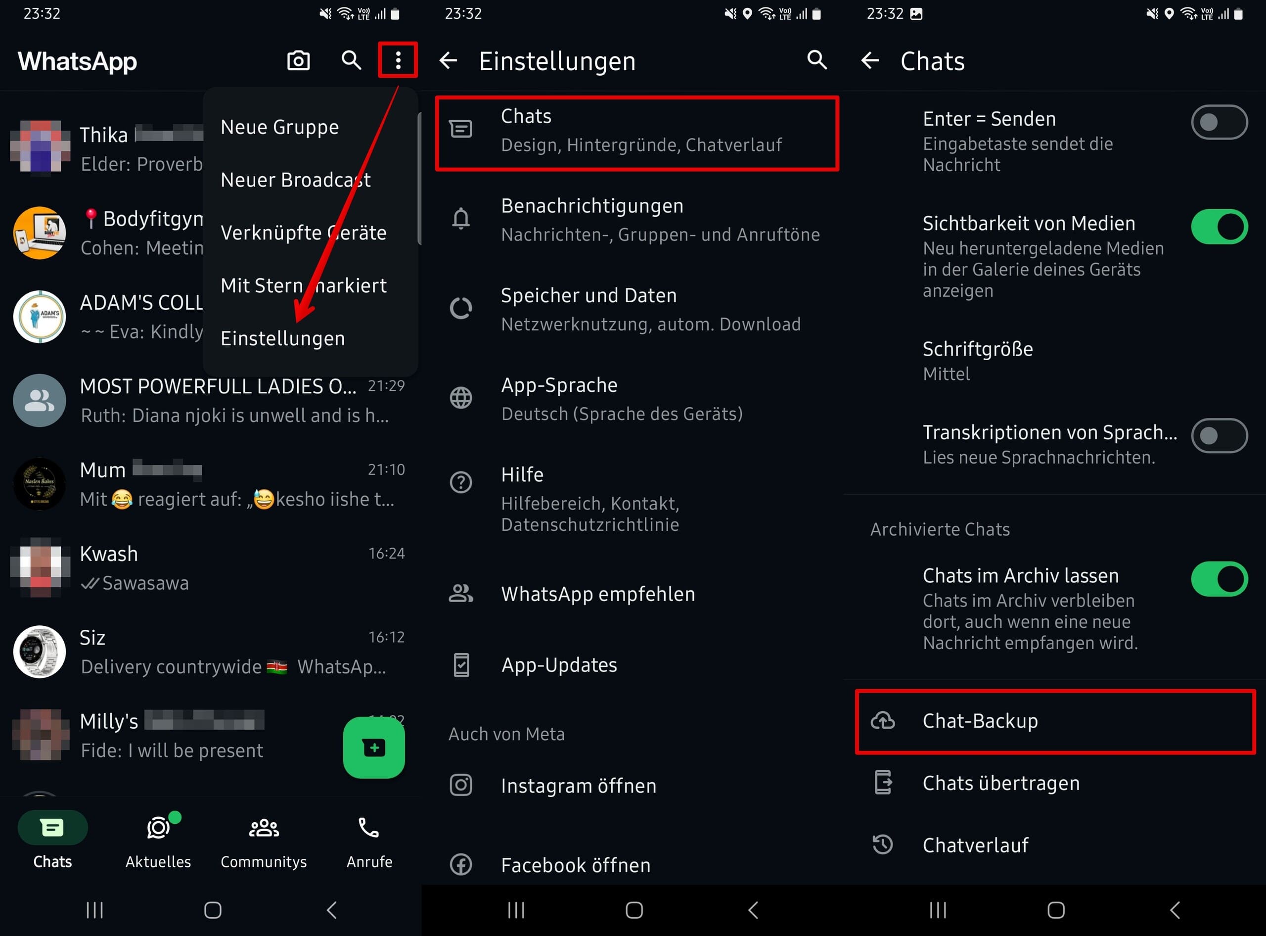 Gehen Sie zu den WhatsApp-Einstellungen in der Anwendung - Chats - Chat-Backup.