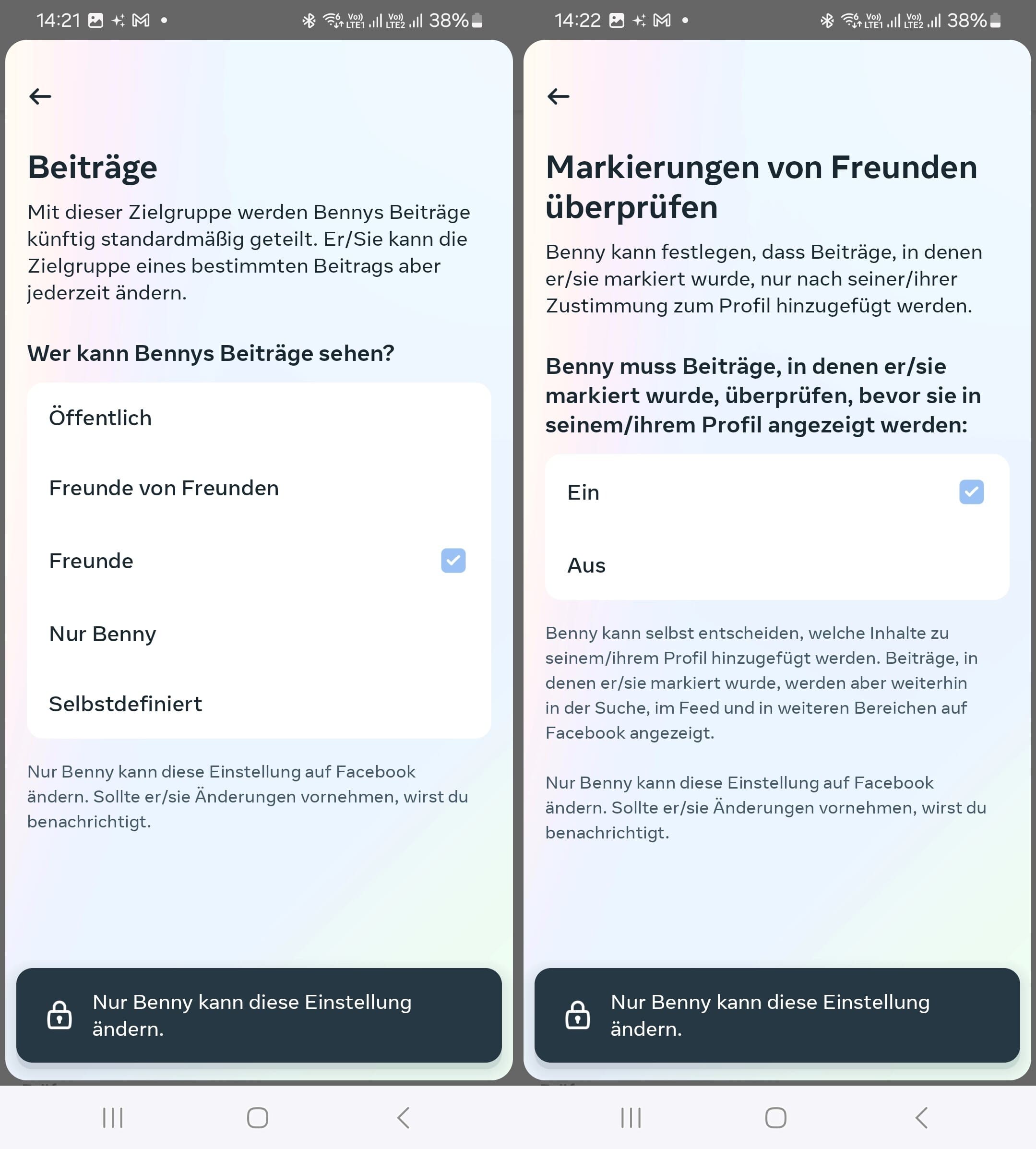 Detaillierte Einstellungen der Profil- und Zielgruppenberechtigungen im Konto eines Kindes innerhalb der Überwachungsfunktion, mit dem Hinweis, dass nur das Kind diese Einstellungen ändern kann.