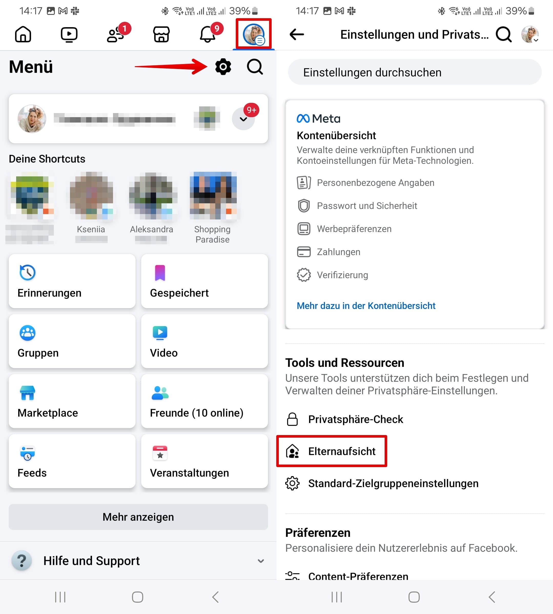Screenshot eines Facebook-Einstellungsmenüs, in dem die Funktion „Überwachung“ unter „Einstellungen & Datenschutz“ hervorgehoben ist, mit betontem Zahnradsymbol für Einstellungen und Profilbild.