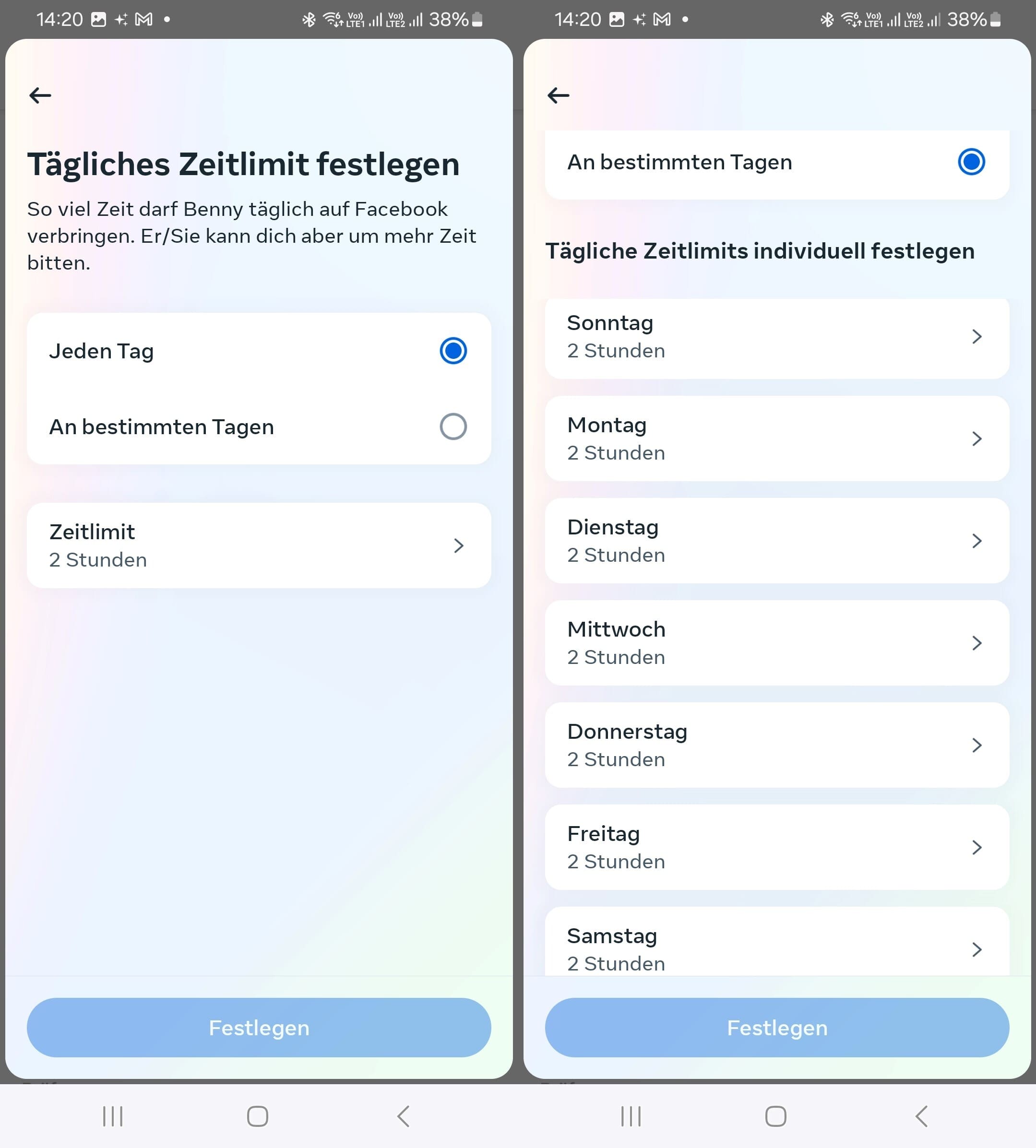 Festlegen und Anpassen täglicher Zeitlimits auf Facebook innerhalb der Überwachungsfunktion.