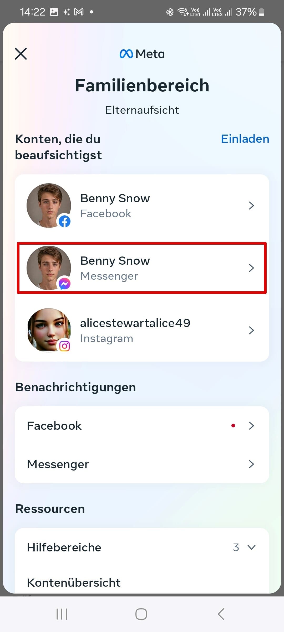 Familiencenter mit der Aufsichtsfunktion auf Facebook, Liste der beaufsichtigten Konten und Benachrichtigungsmenü