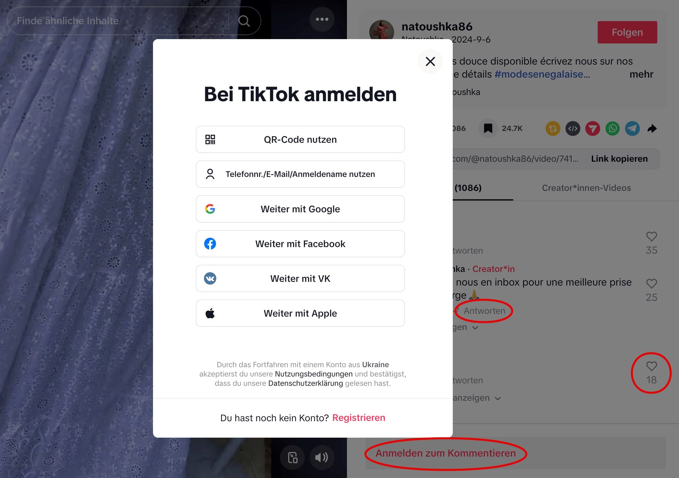 Wenn du einen Beitrag auf TikTok kommentieren oder liken möchtest, musst du dich bei deinem Konto anmelden.