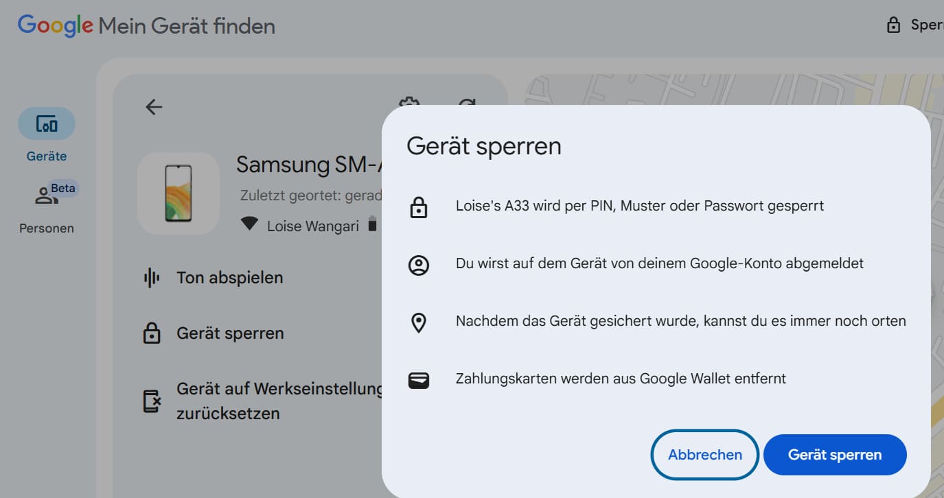 Klicken sie in mein Gerät finden auf gerät sperren, es wird eine liste der auszuführenden aktionen angezeigt.