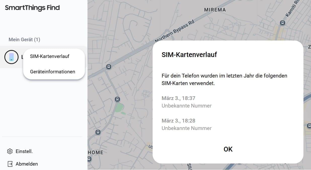Klicken sie auf die drei punkte, um den verlauf der SIM-karte auf SmartThings find anzuzeigen .