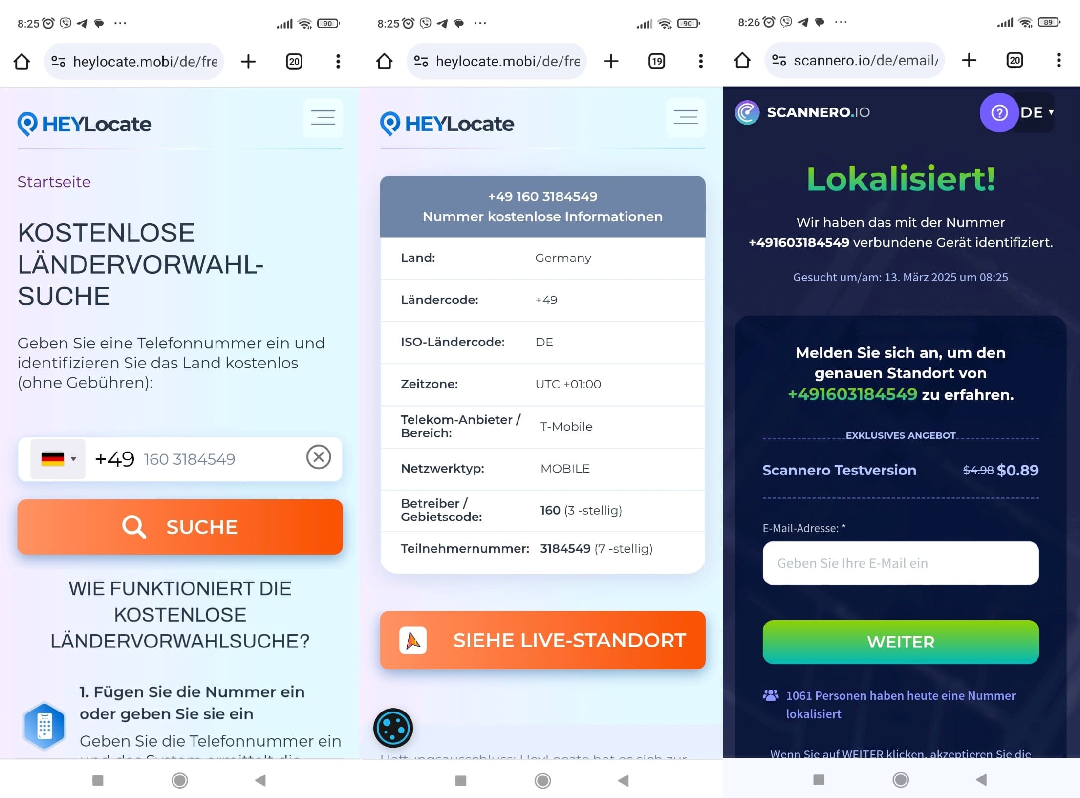 Kostenloser Ländercode-Dienst HeyLocate: Geben Sie die Telefonnummer ein, um Informationen zur Nummer zu erhalten, und verwenden Sie Scannero, um den Standort in Echtzeit anzuzeigen.