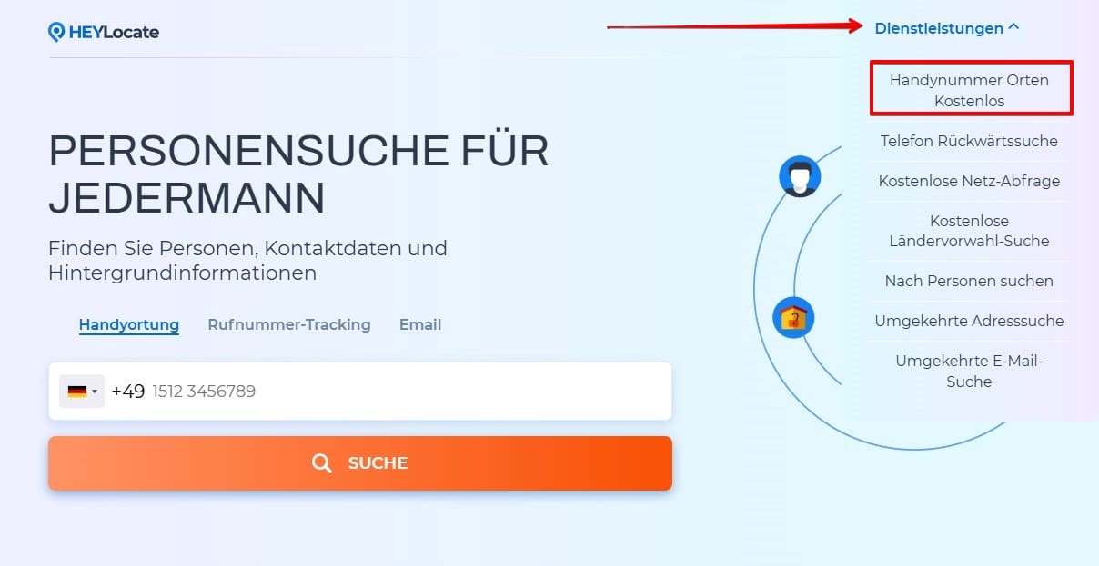 Suchfeld für die Telefonsuche auf der Hauptseite und ein Dropdown-Menü „Dienste“ mit Optionen für Telefonsuche, Nummernverfolgung und Adresssuche.