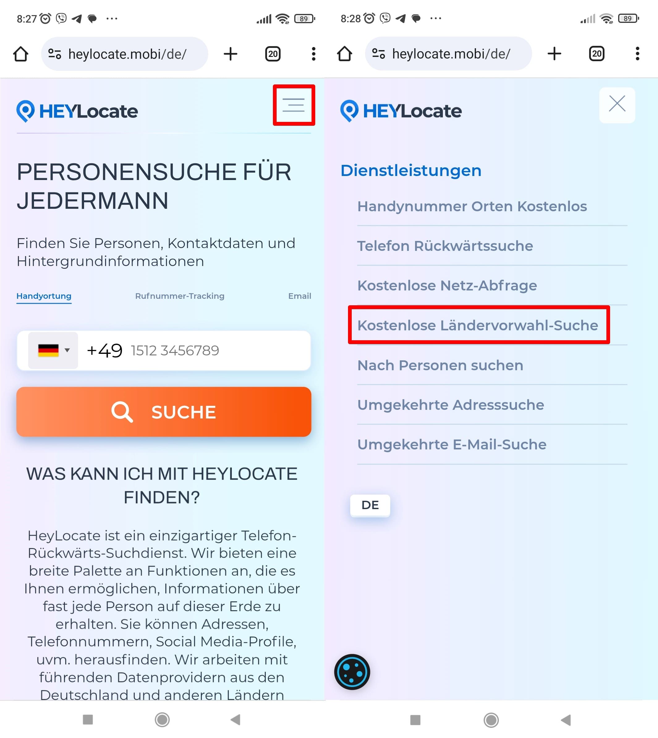 Die Seite zeigt das Hauptmenüsymbol und ein erweitertes Menü mit Serviceoptionen wie der kostenlosen Ländercode-Suche.