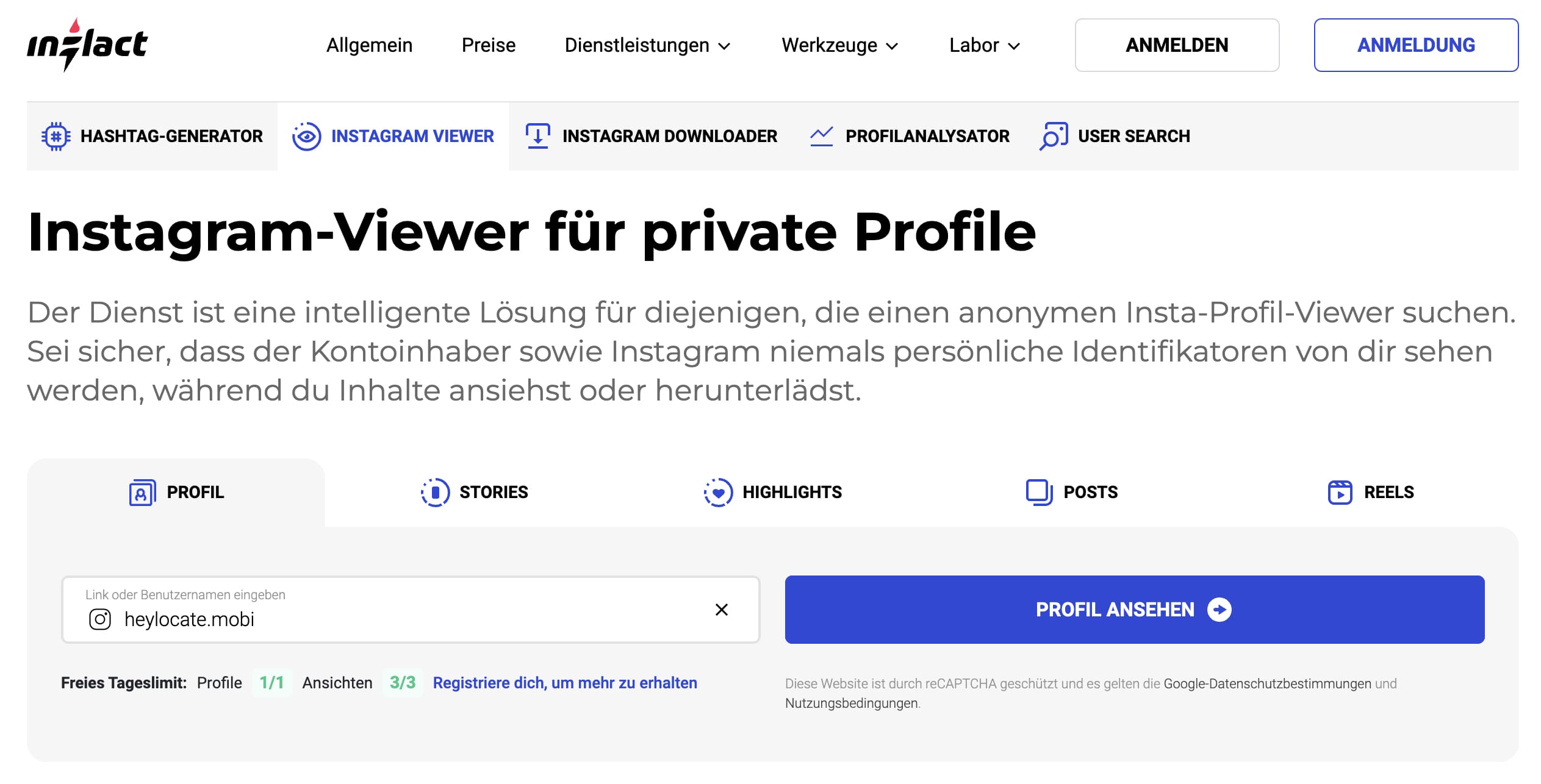 Geben Sie den Instagram-Benutzernamen in die Inflact-Suchmaschine ein.