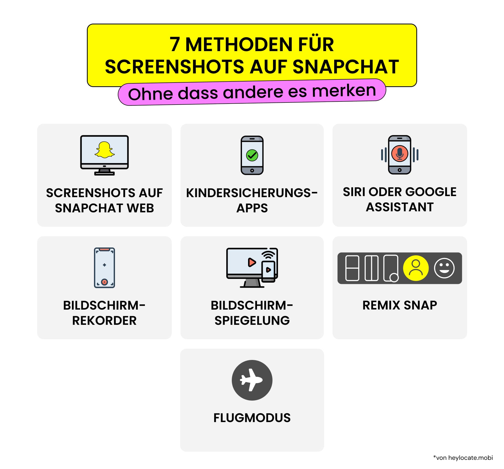 Methoden, um einen Screenshot auf Snapchat zu machen: Kindersicherungs-Apps, Bildschirmrekorder, Bildschirmspiegelung, Snapchat Web, Remix Snap, Siri oder Google Assistant und Flugzeugmodus.