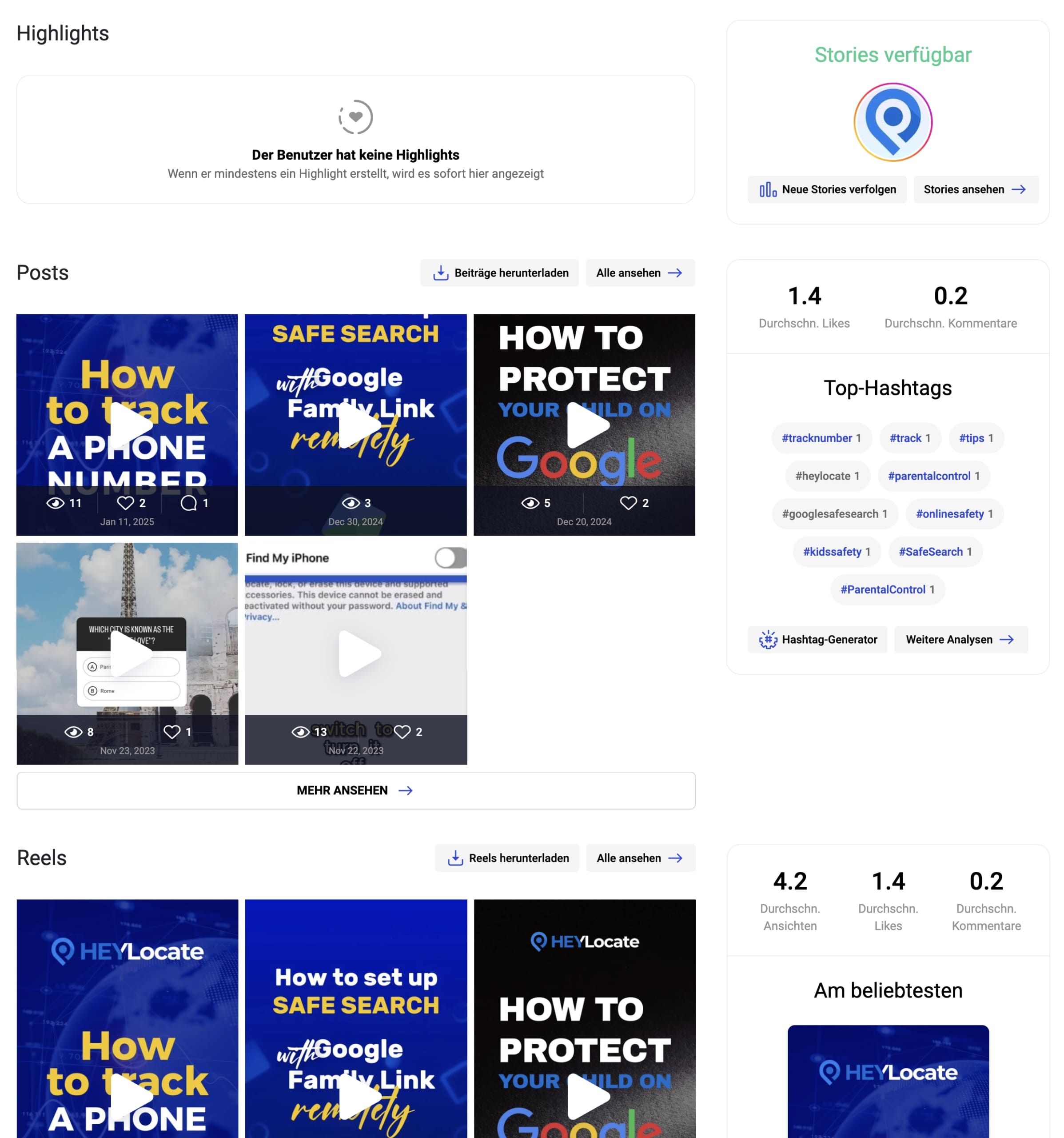 Beiträge, Reels, Highlights, Top-Hashtags und andere Informationen aus dem Instagram-Profil.