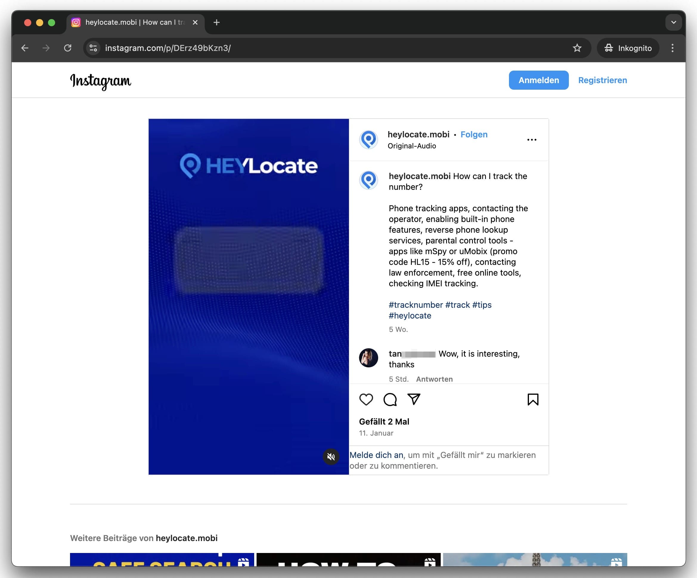 Ein offenes Reel auf Instagram ohne Anmeldung.