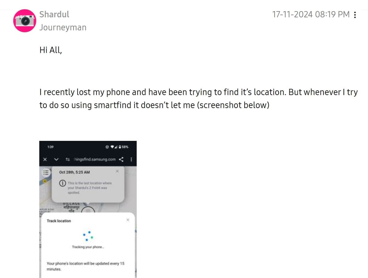 Ein kunde beschwert sich, dass er sein Telefon nicht im Samsung-Forum finden kann.