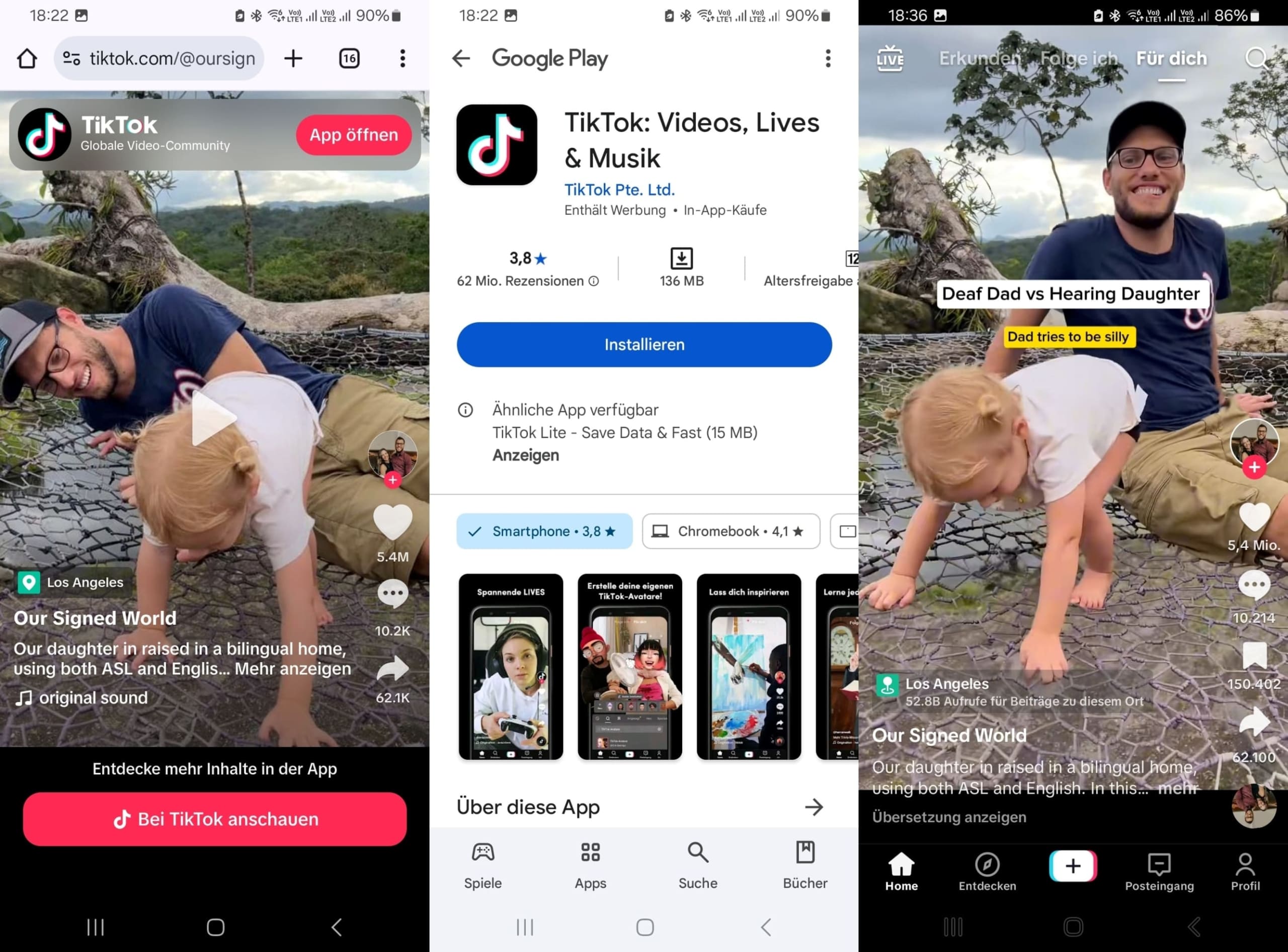 Der Link „TikTok öffnen“ führt zu Google Play, um die App herunterzuladen.