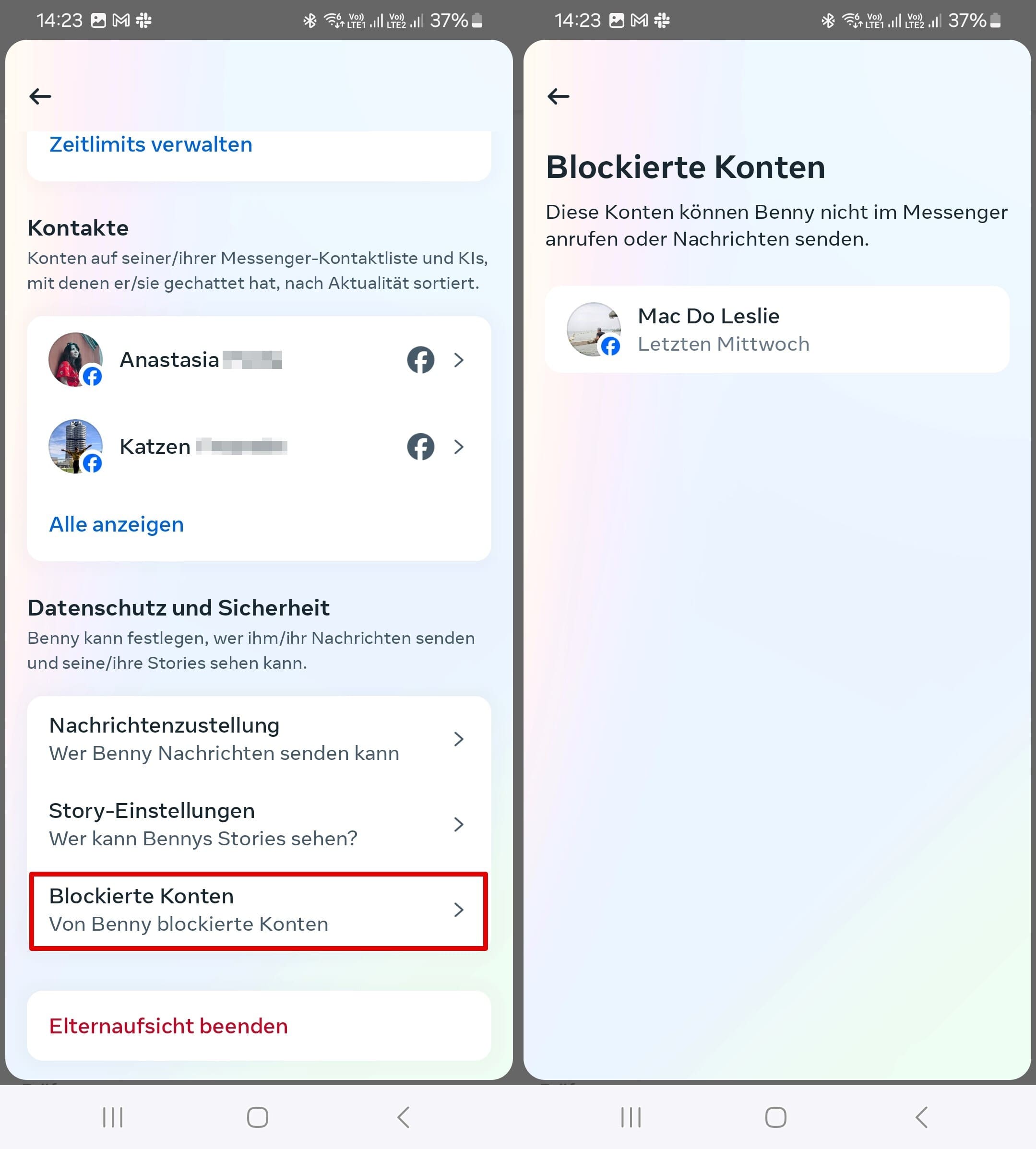Liste der blockierten Konten im Messenger eines Kindes, sichtbar in der Aufsichtsfunktion für Eltern.