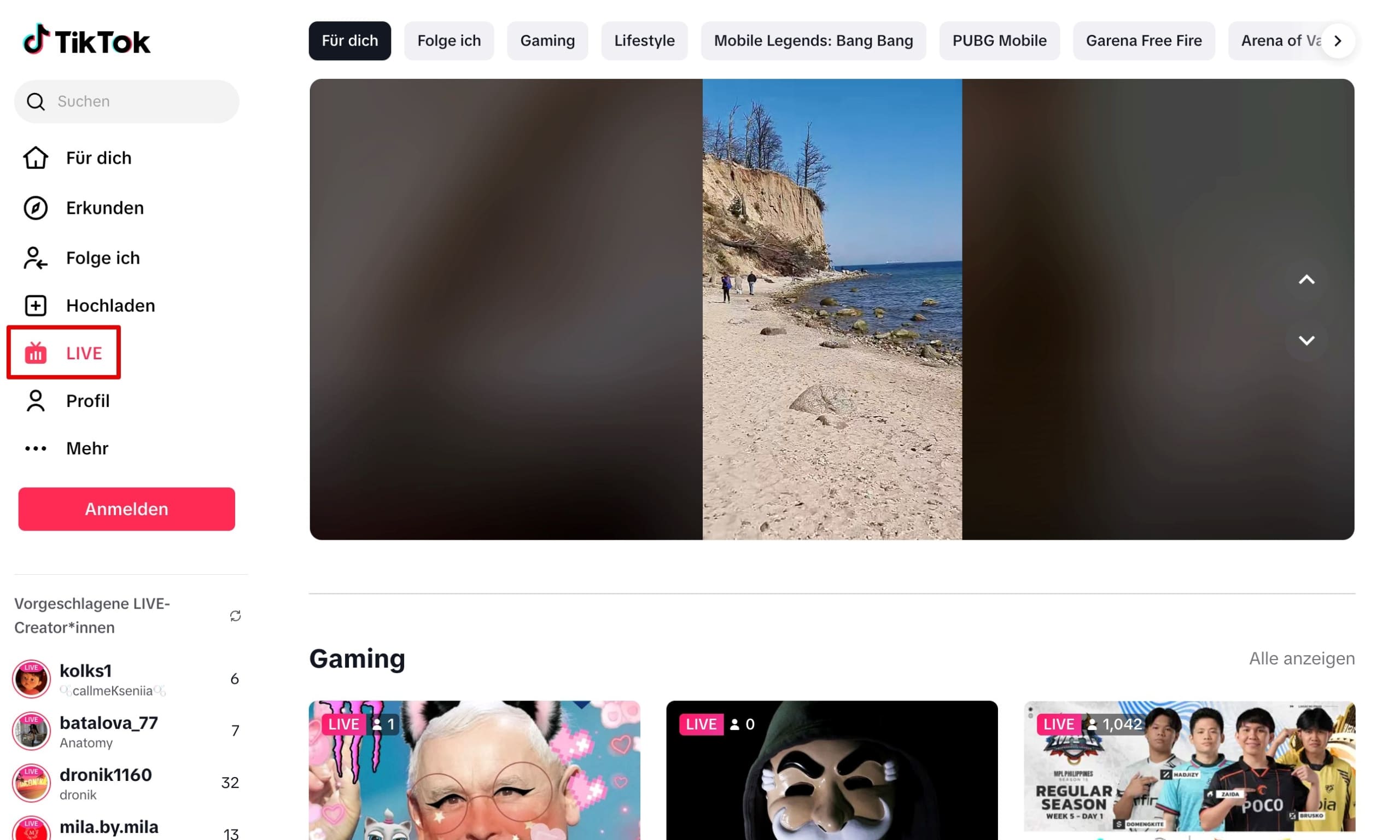 Klicken Sie auf „Live“, um Übertragungen ohne Ihr TikTok-Konto anzusehen.