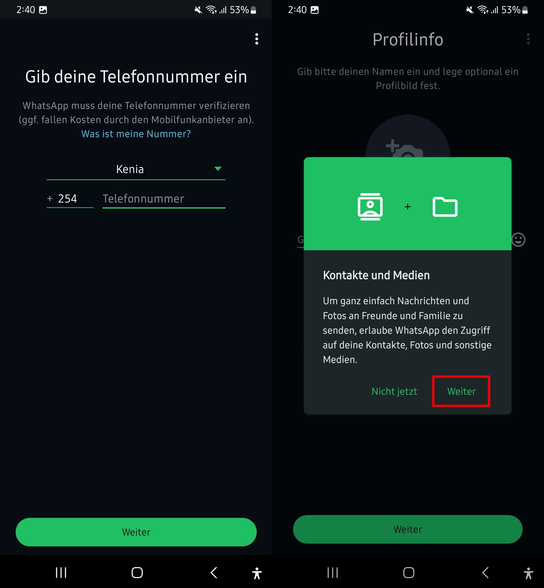 Geben Sie Ihre Telefonnummer ein und bestätigen Sie Ihre Berechtigungen.