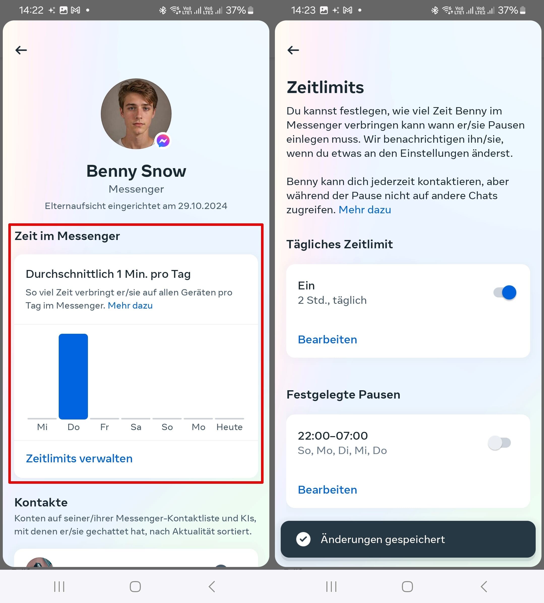 Zeitüberwachung und -limits innerhalb der Aufsichtsfunktion in der Messenger-App.