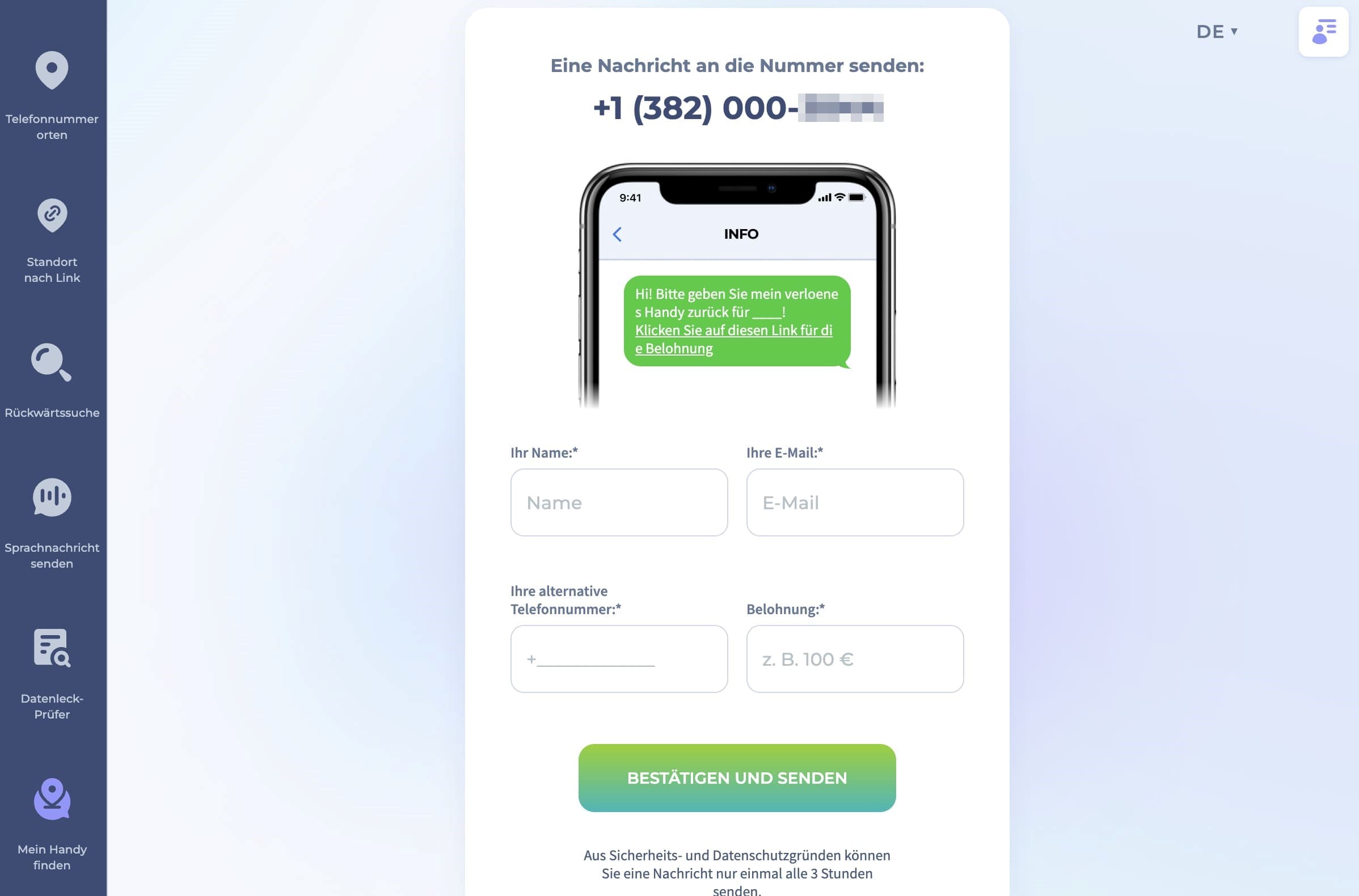 Geben sie name, E-Mail-Adresse, alternative telefonnummer und belohnung auf scannero ein.