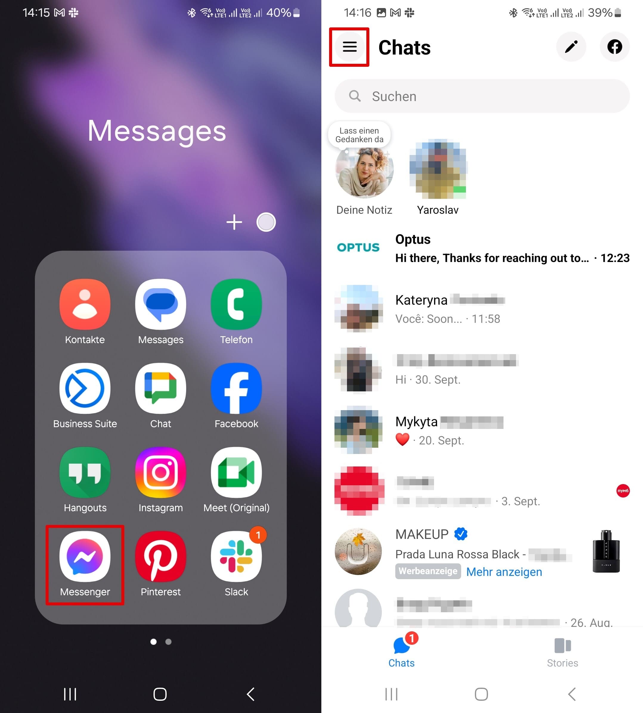 Telefon-Desktop mit Anwendungsicons und Startseite von Facebook Messenger