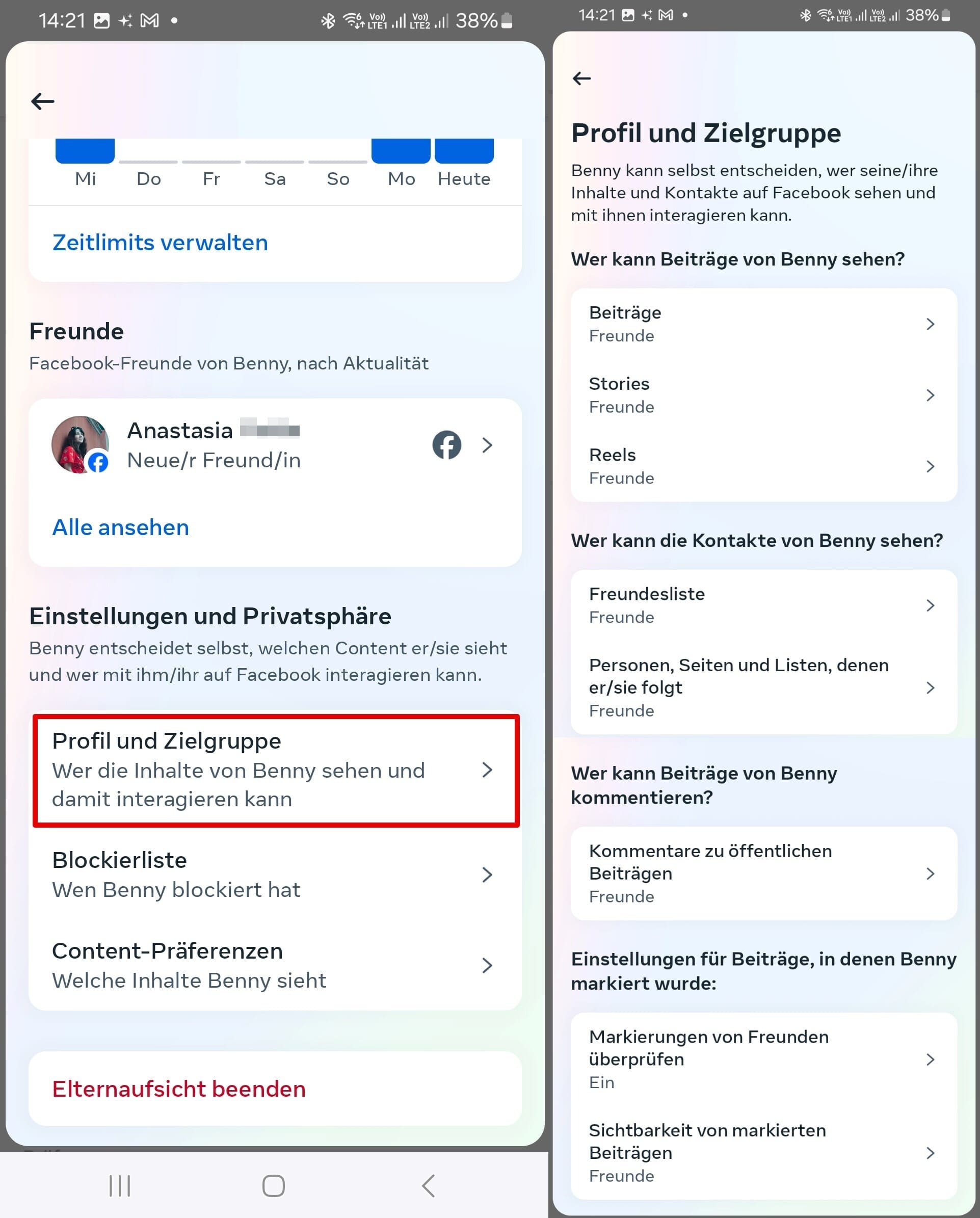 Liste der Einstellungs- und Datenschutzoptionen im Konto des Kindes, die innerhalb der Überwachungsfunktion im Facebook-Konto der Eltern sichtbar sind.