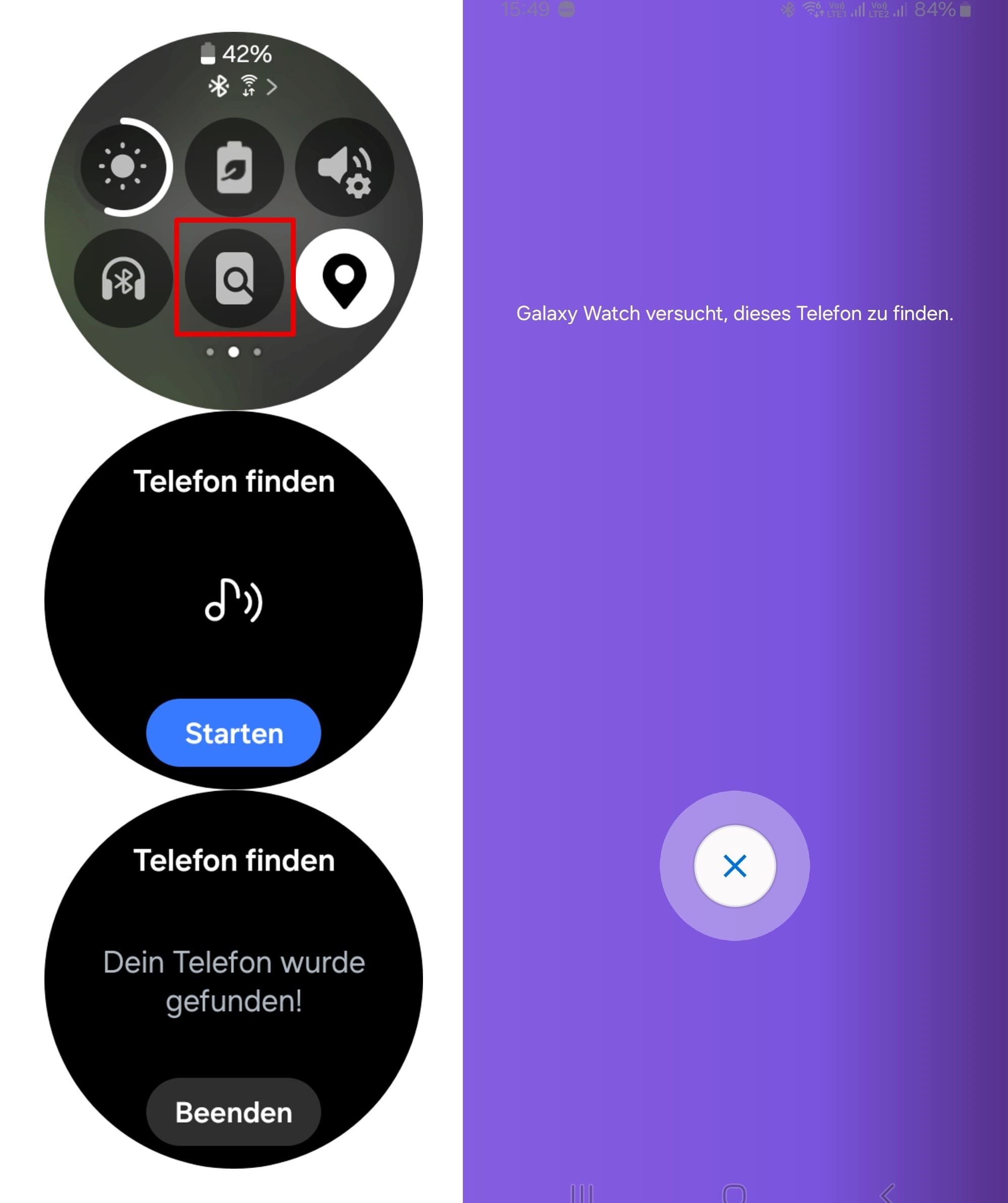 Öffnen sie auf der uhr den menüvorhang und wählen sie das symbol „mein telefon suchen“.