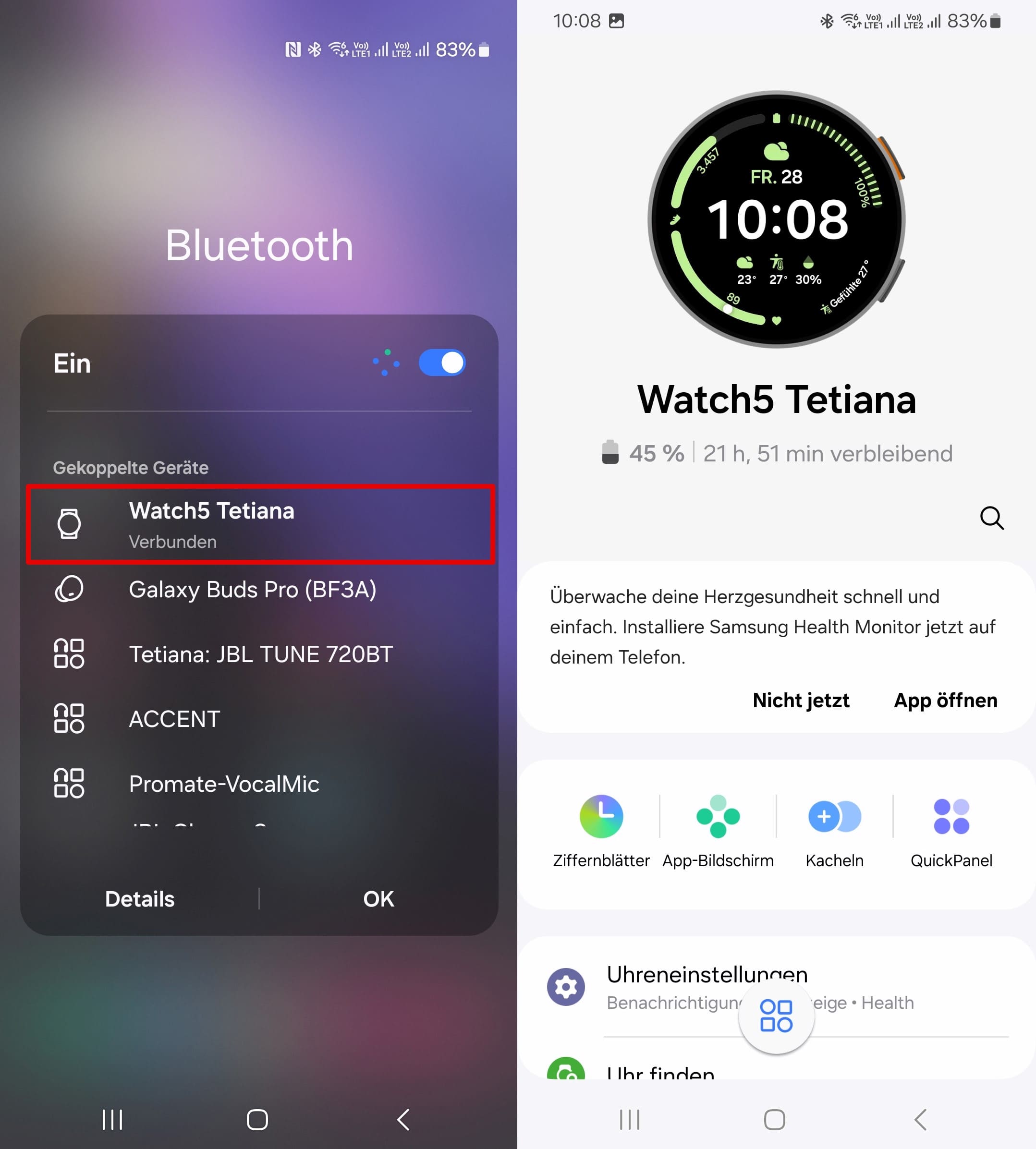 Die Samsung-Uhr ist per Bluetooth mit dem Smartphone verbunden.