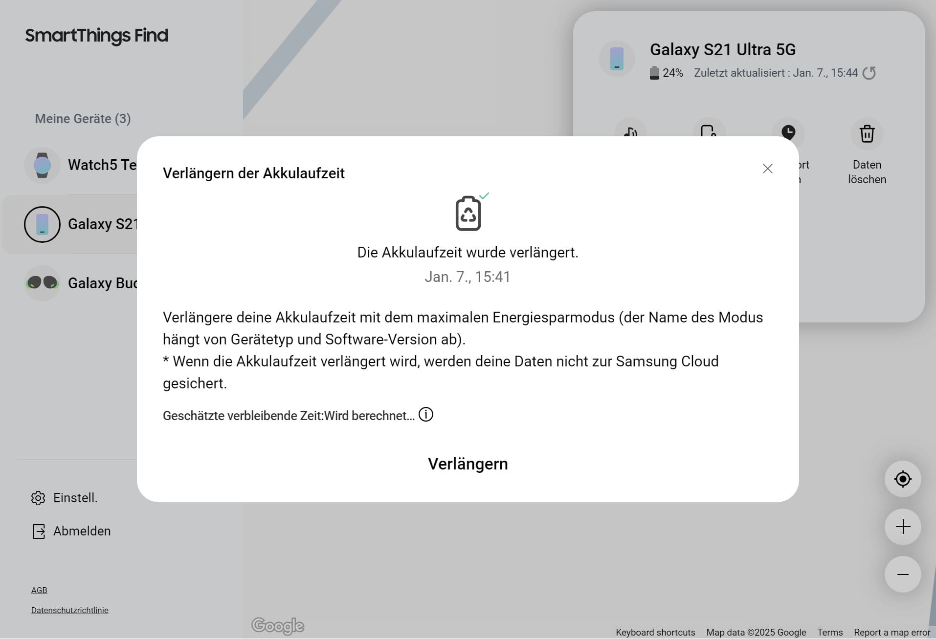 Die Akkulaufzeit verlängern-Taste versetzt das Telefon in den Energiesparmodus, verlängert die Betriebszeit des Telefons und zeigt die geschätzte verbleibende Betriebszeit an.