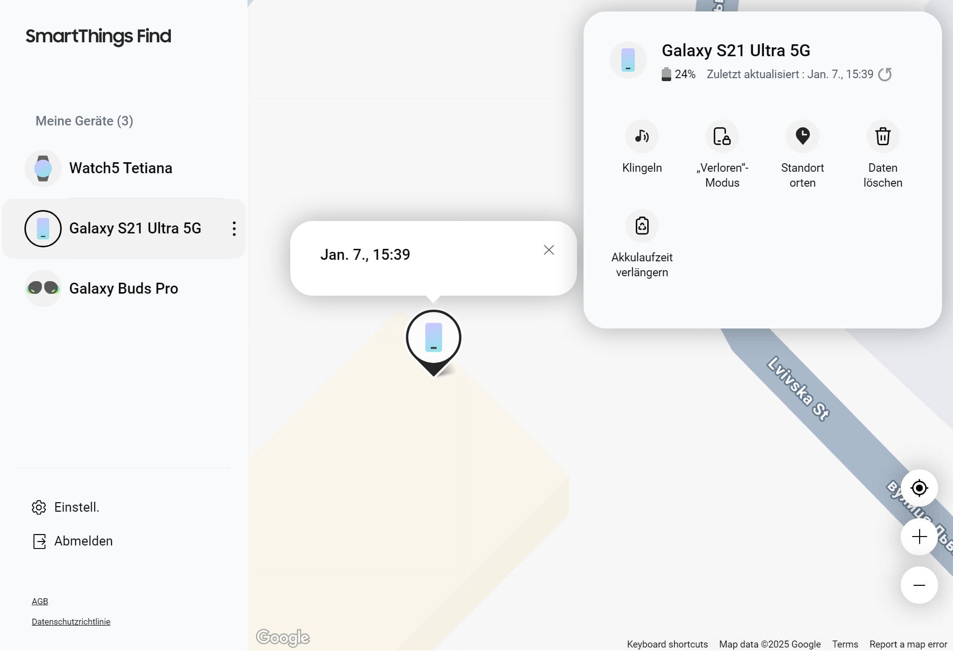 Auf dieser Seite kannst du alle Samsung-Geräte und die Aktionen sehen, die du durchführen kannst: Klingeln, Verlorenen-Modus, Standortverfolgung, Daten löschen, Akkulaufzeit verlängern.