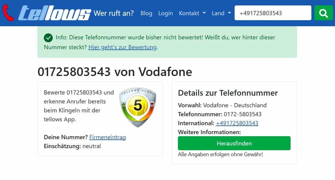 Geben Sie die Telefonnummer in das Suchfeld ein, um den Mobilfunkanbieter zu sehen.