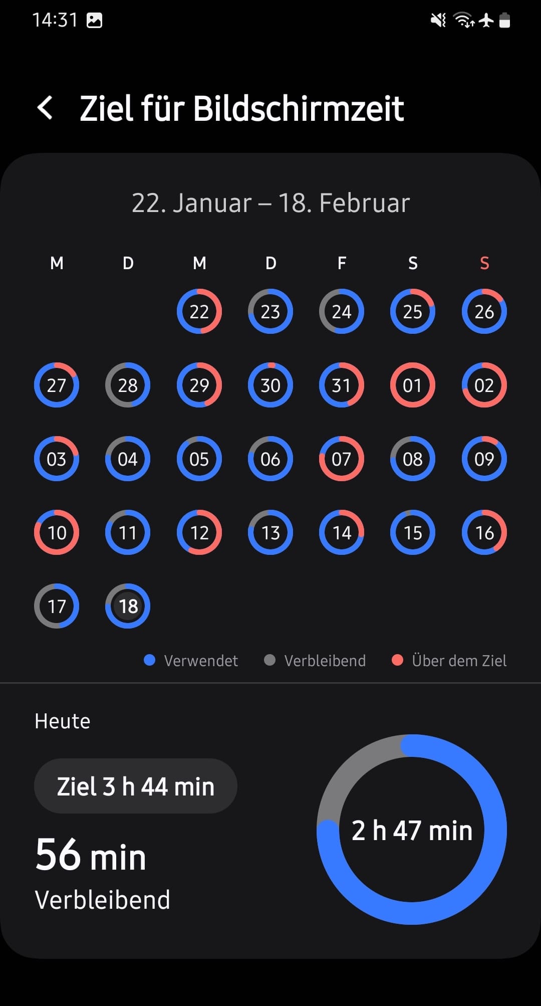 offnen sie das bildschirmzeitziel, um den verlauf des erreichens oder uberschreitens des Bildschirmzeitziels auf dem android-Handys anzuzeigen.