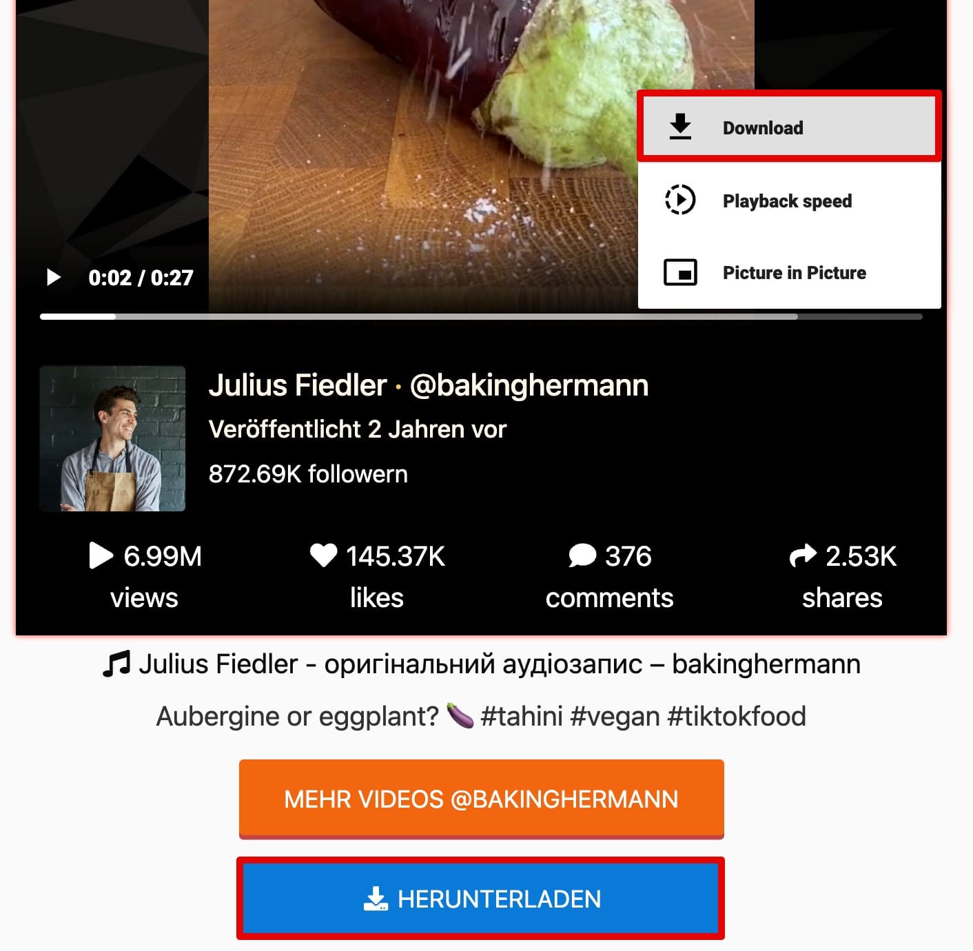 Klicken Sie auf die drei Punkte, um ein TikTok-Video auf UrleBird herunterzuladen, oder klicken Sie unten auf die Schaltfläche „Herunterladen“.